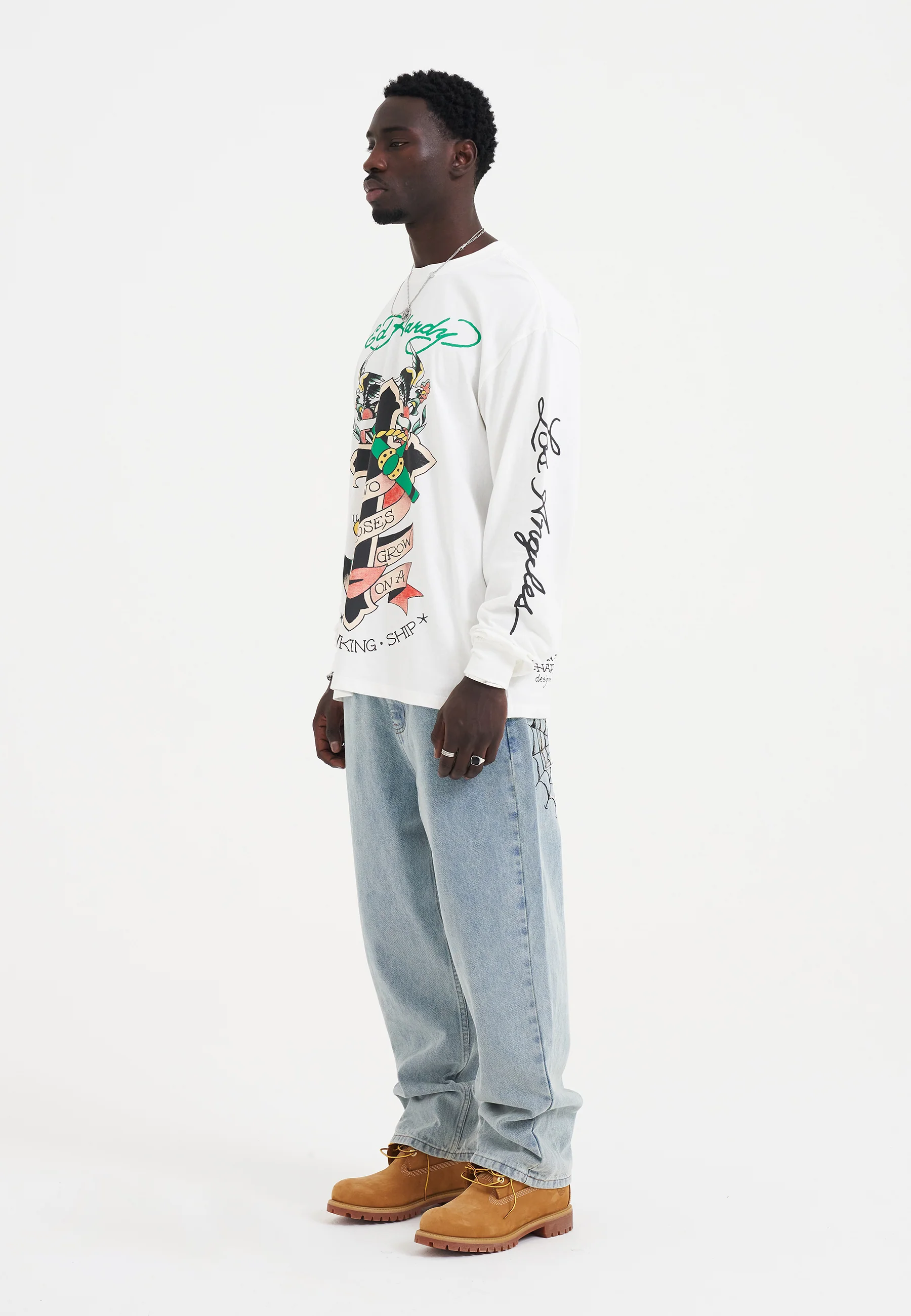 Mens No Roses Grow Long Sleeve T-Shirt - White - Image 3