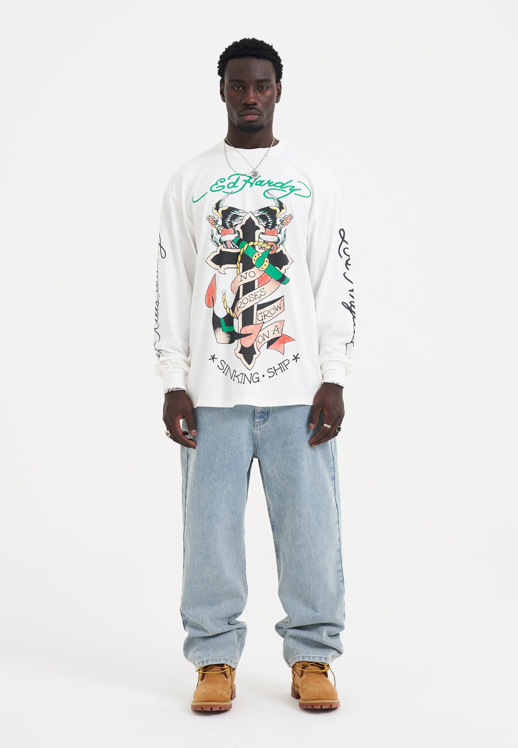 Mens No Roses Grow Long Sleeve T-Shirt - White - Image 4