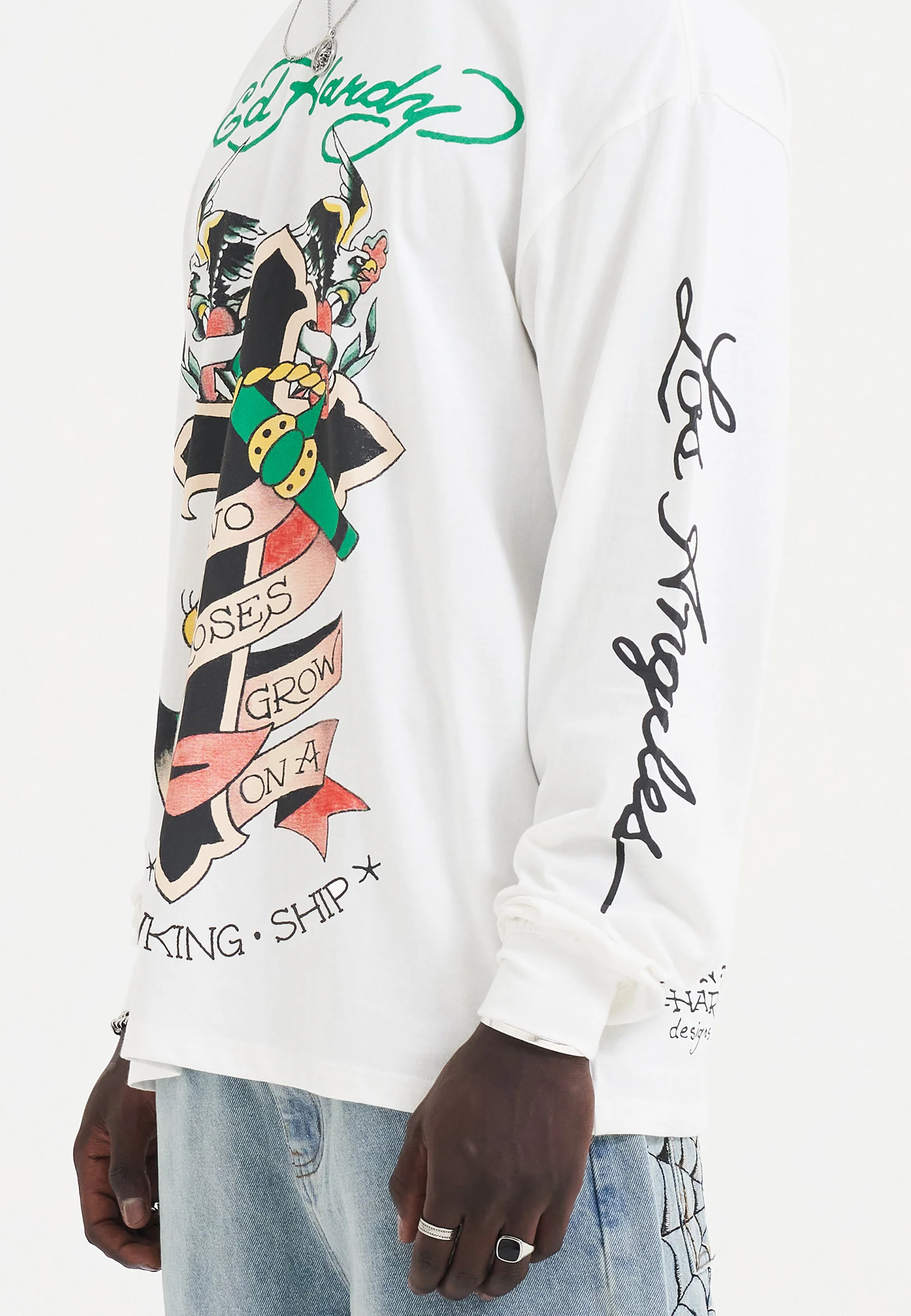 Mens No Roses Grow Long Sleeve T-Shirt - White - Image 5