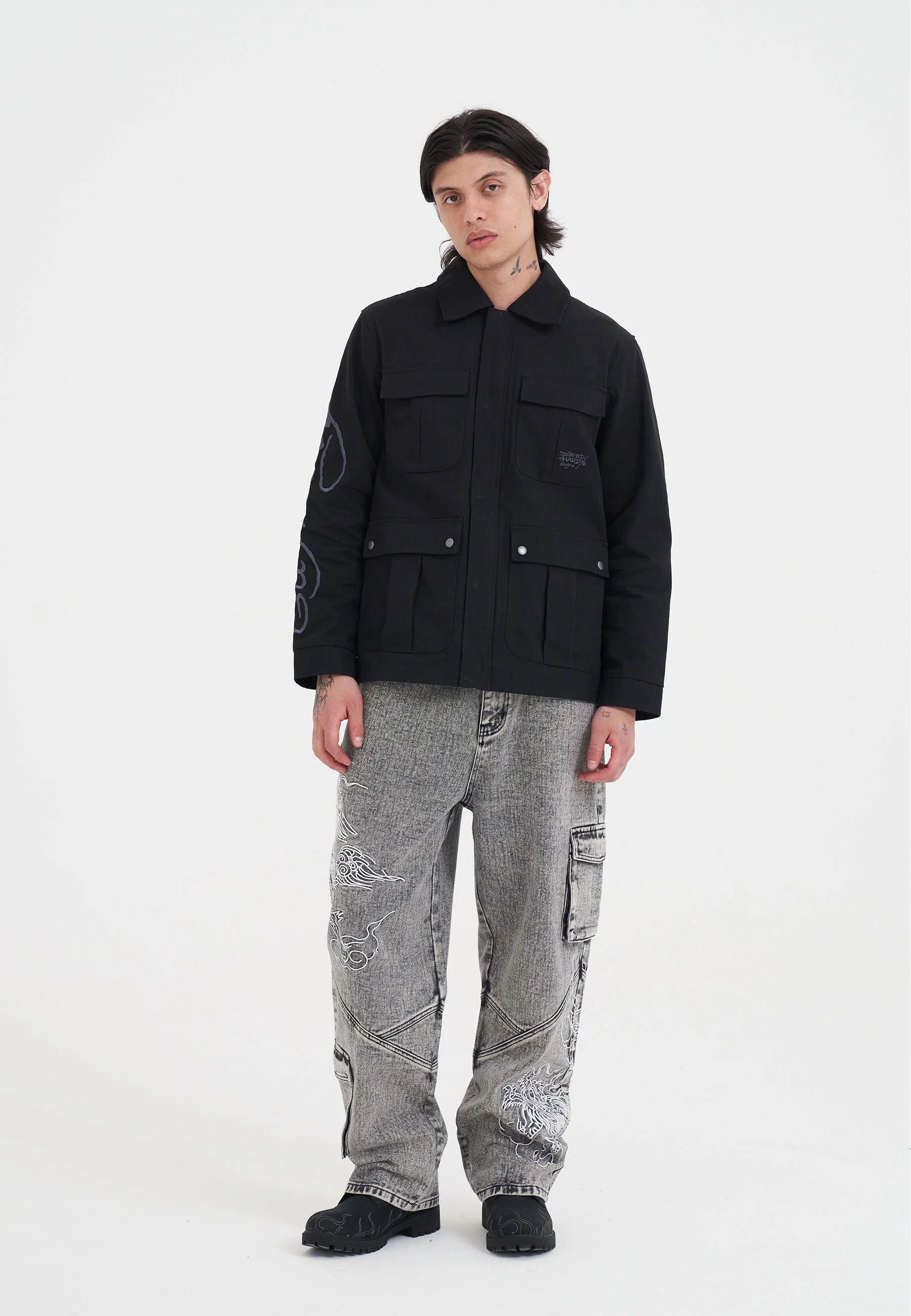 Mens Outline Dragon Chore Jacket - Black - Image 3