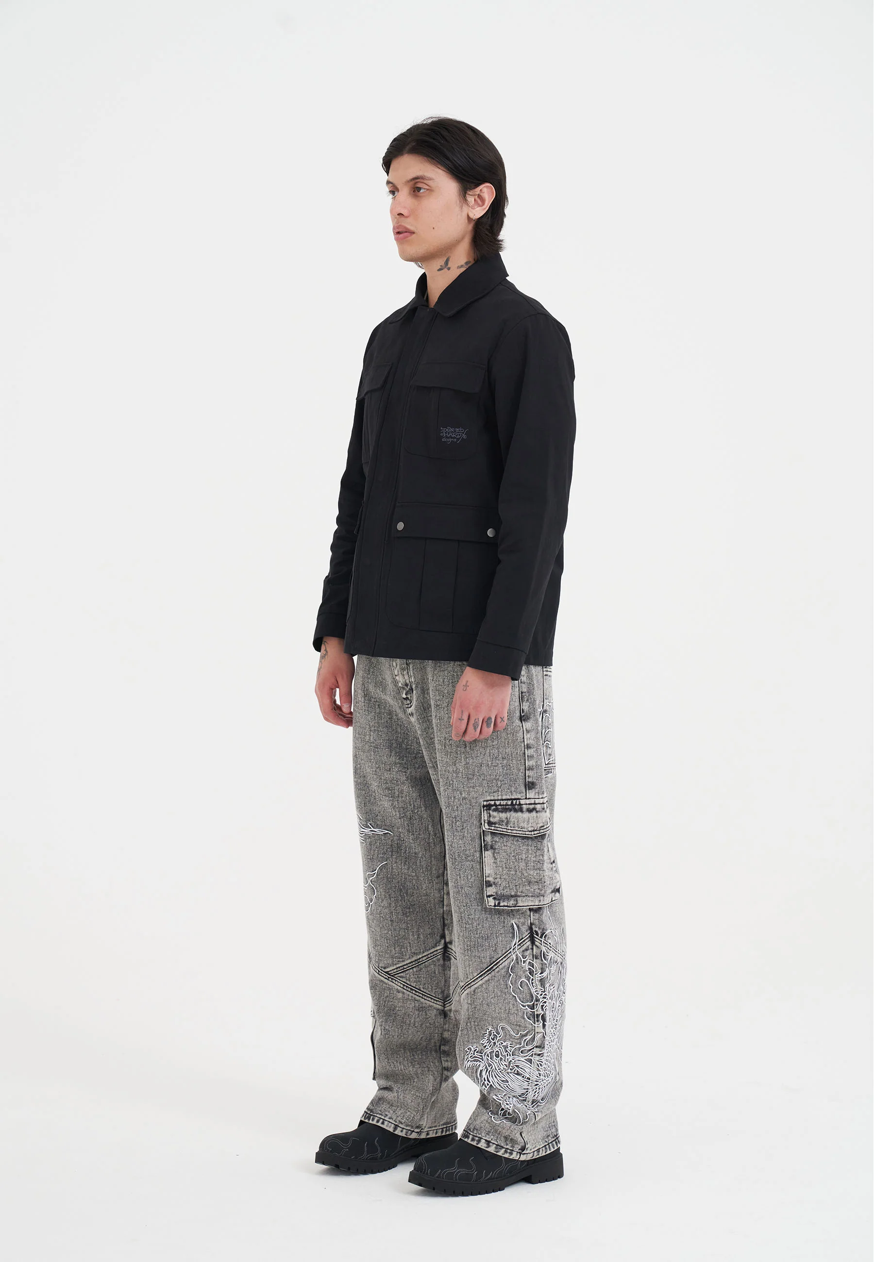 Mens Outline Dragon Chore Jacket - Black - Image 4