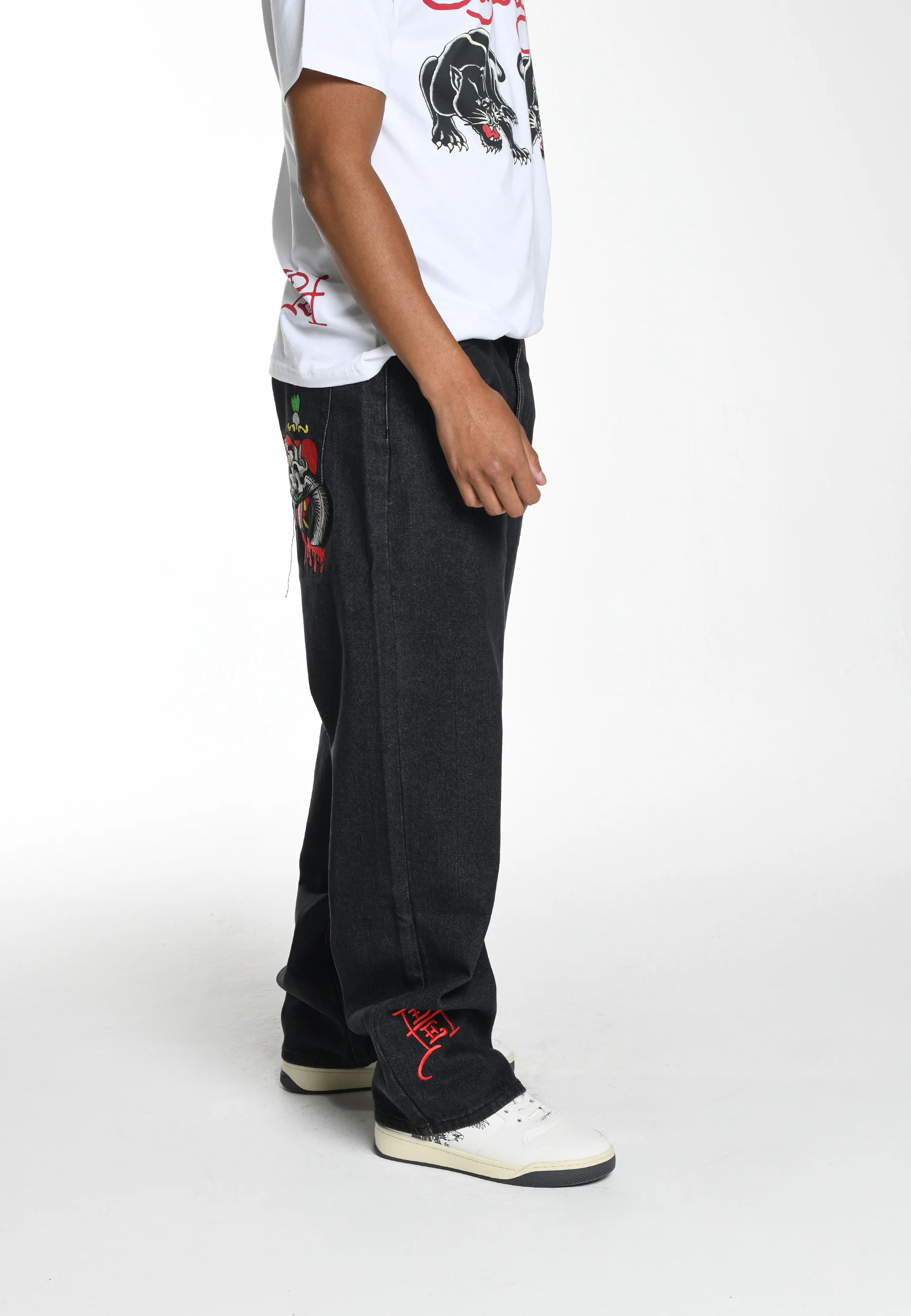 Mens Snake Sever Tattoo Graphic Relaxed Denim Trousers Jeans - Black - Image 4