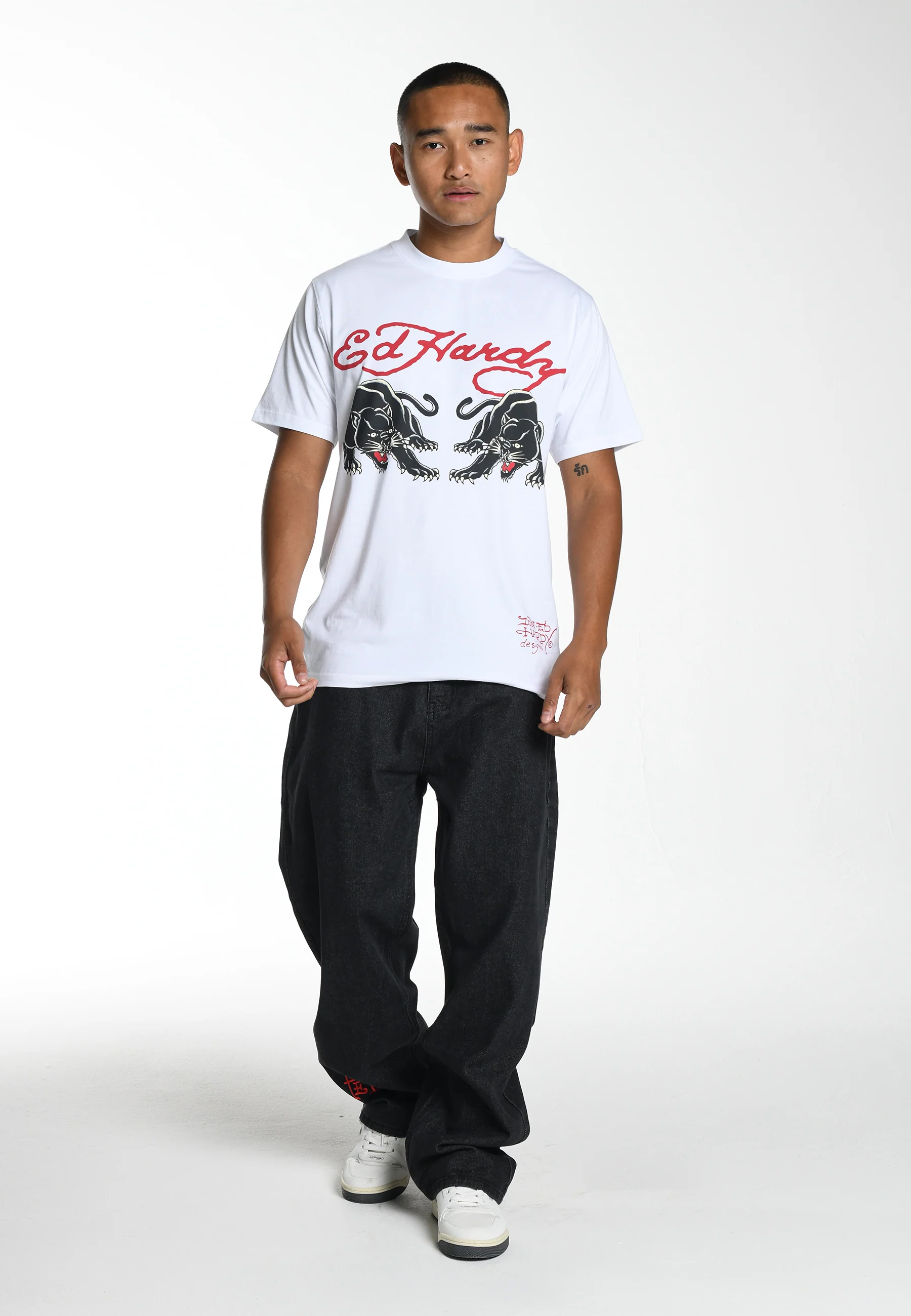 Mens Snake Sever Tattoo Graphic Relaxed Denim Trousers Jeans - Black - Image 5