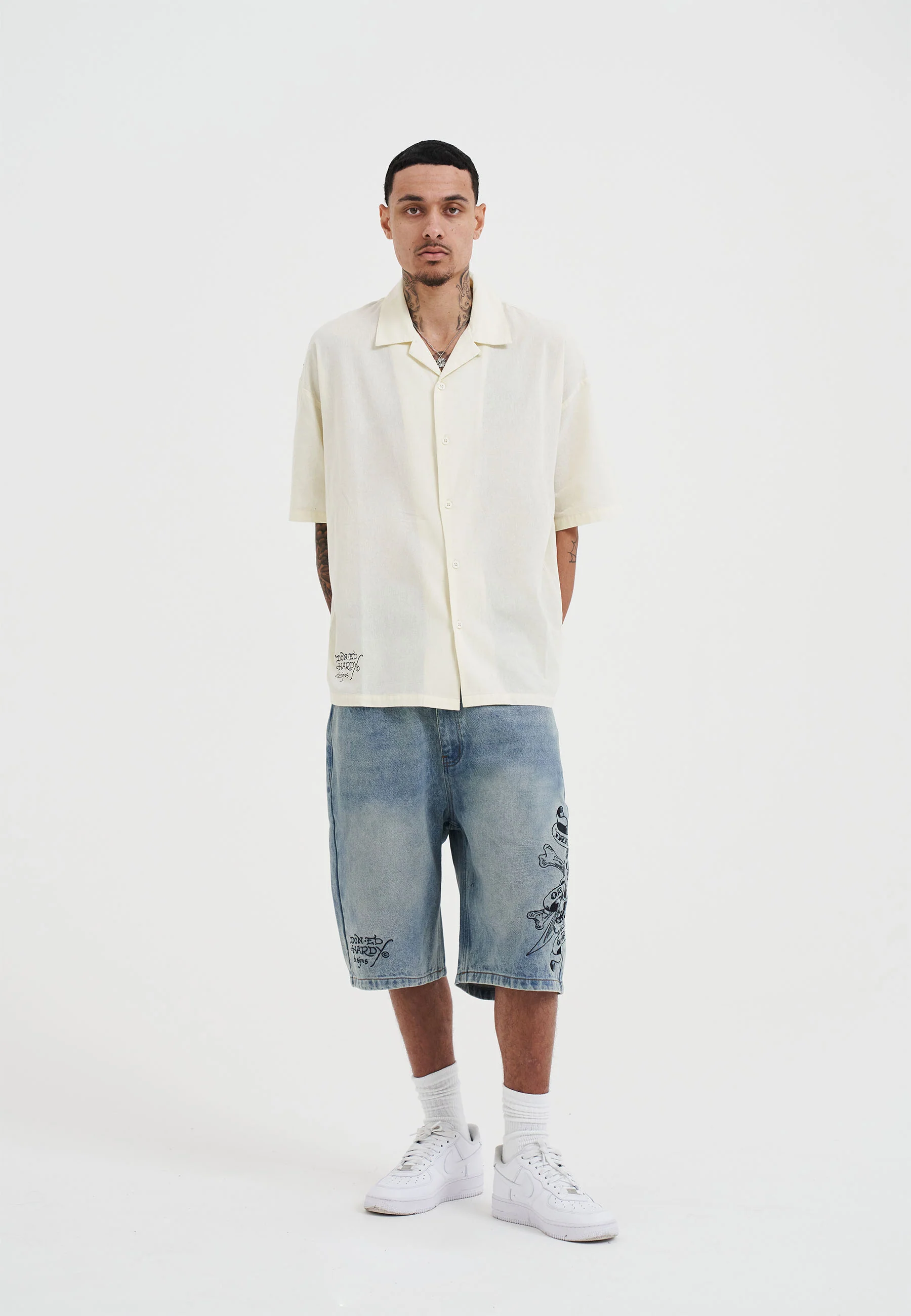 Mens Snakes And Skull Flames Printed Camp Shirt - Beige - Image 3
