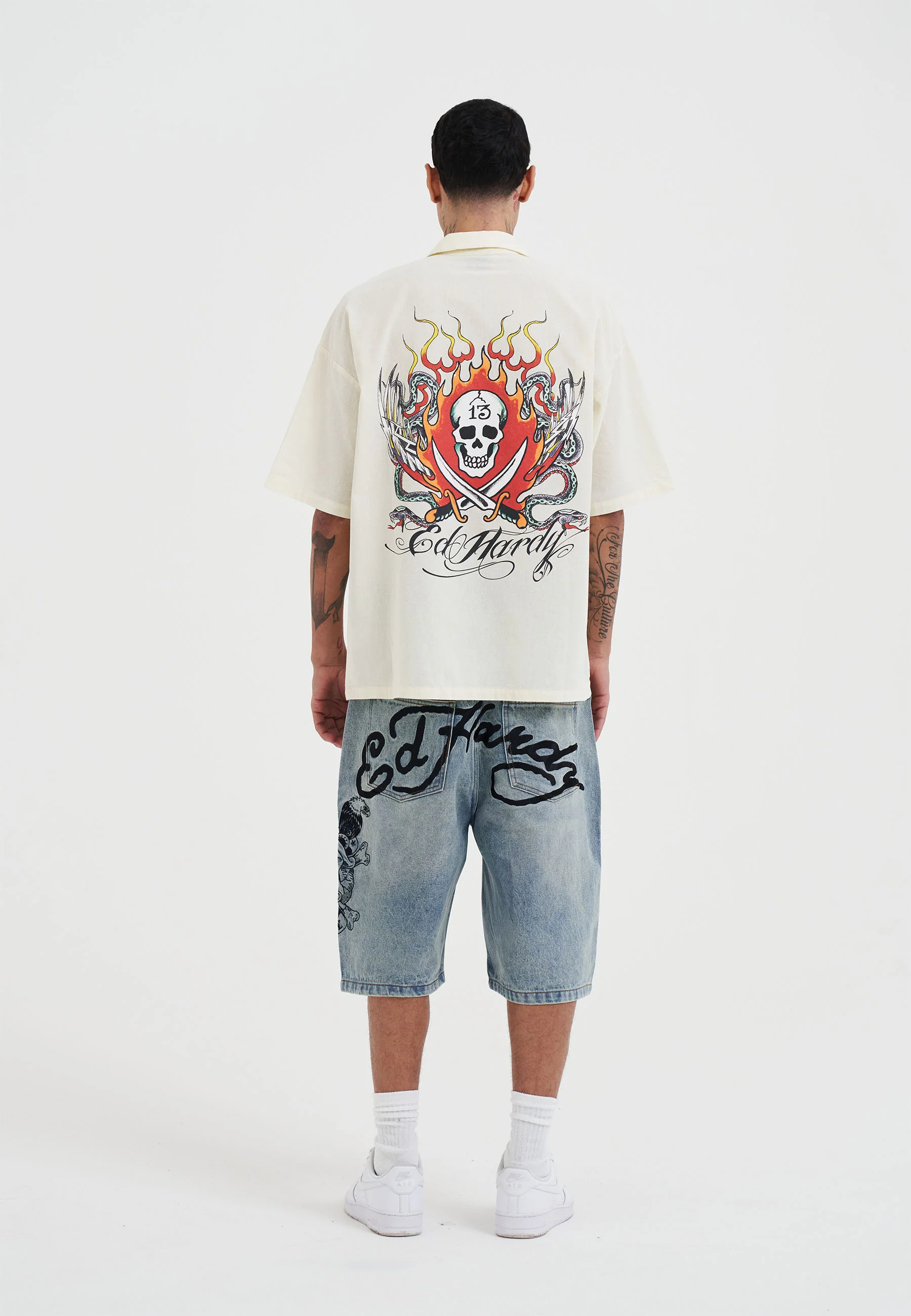 Mens Snakes And Skull Flames Printed Camp Shirt - Beige - Image 5
