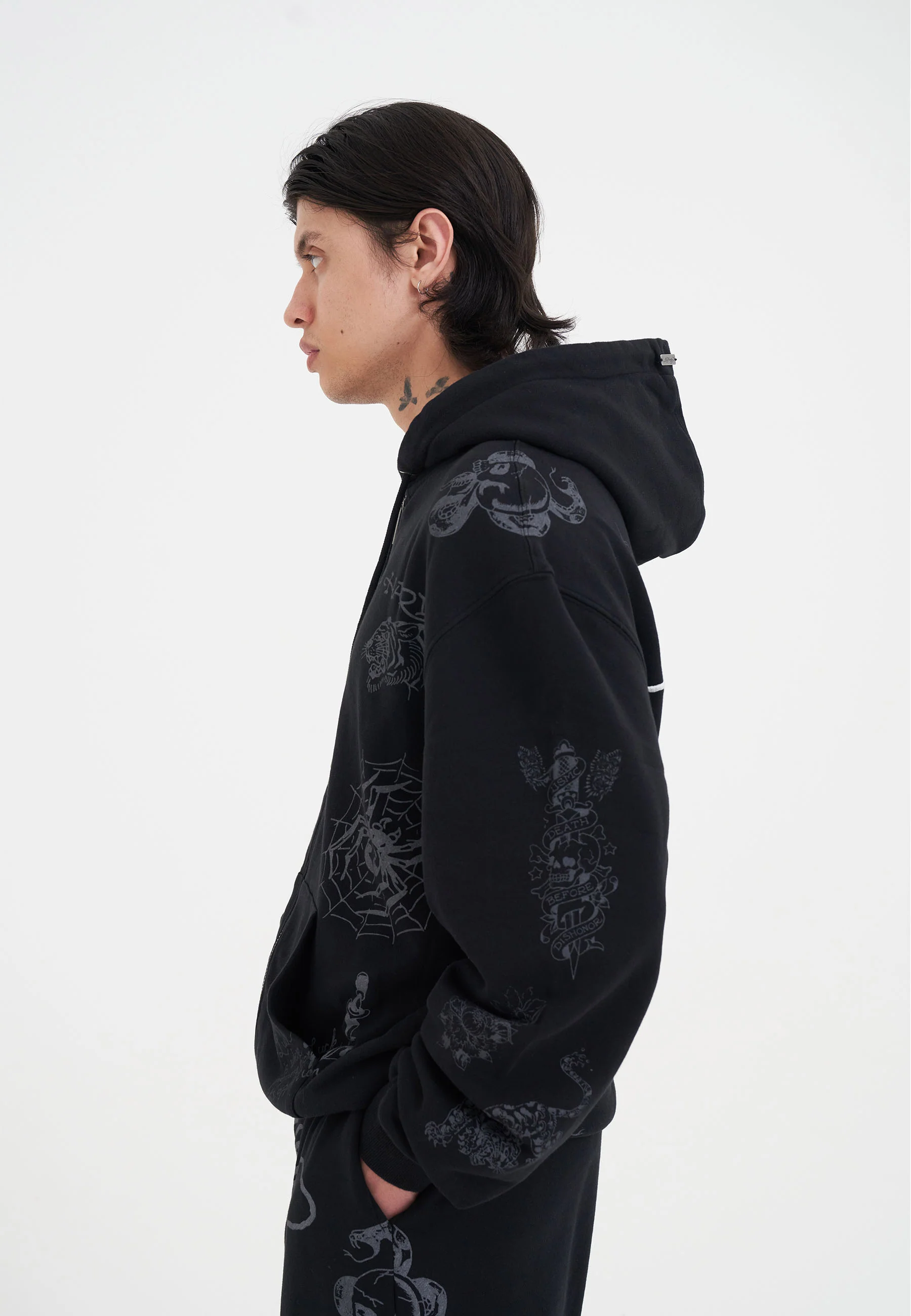 Mens Tattoo Club Zip Thru Hoodie - Black - Image 3