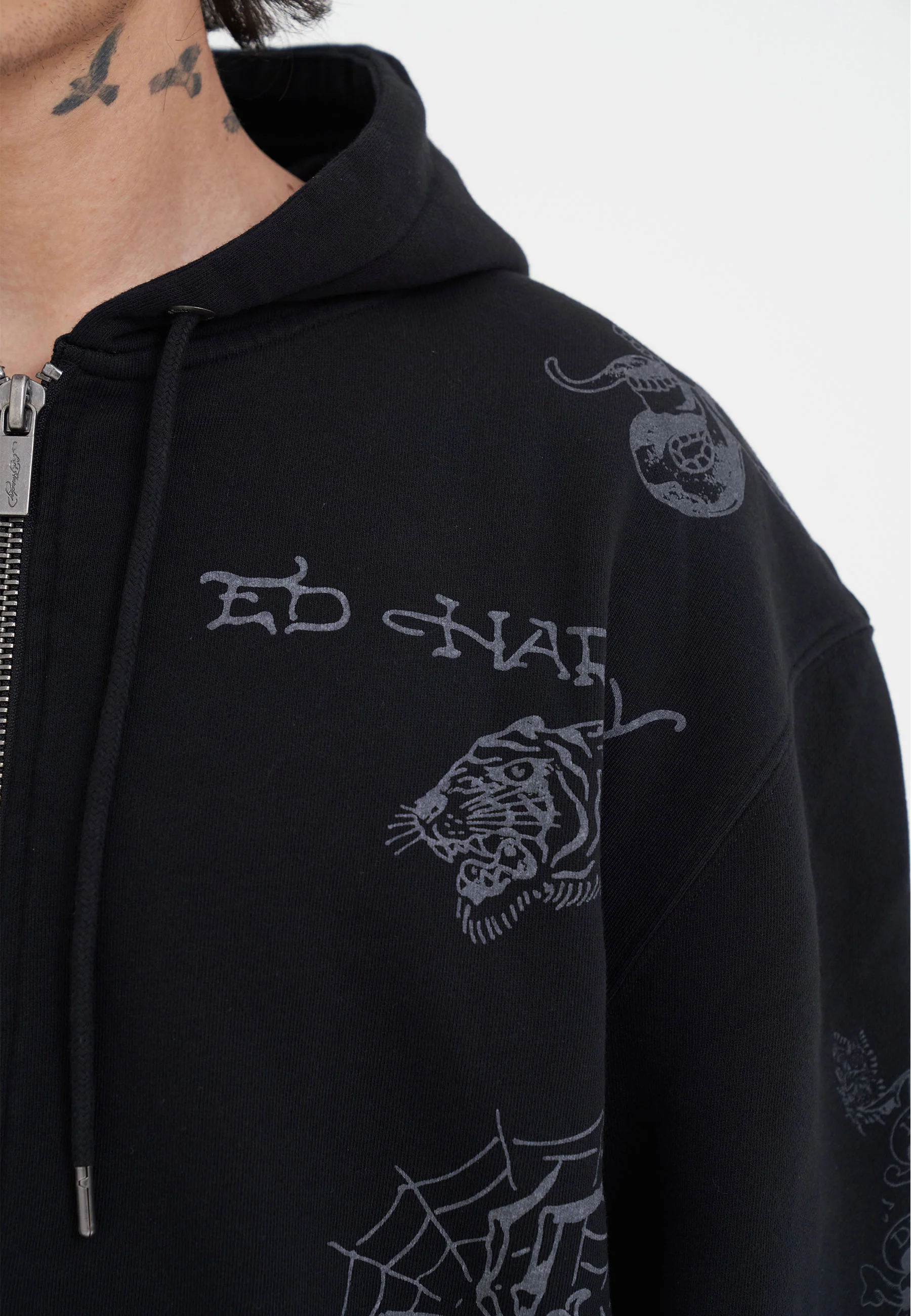 Mens Tattoo Club Zip Thru Hoodie - Black - Image 7