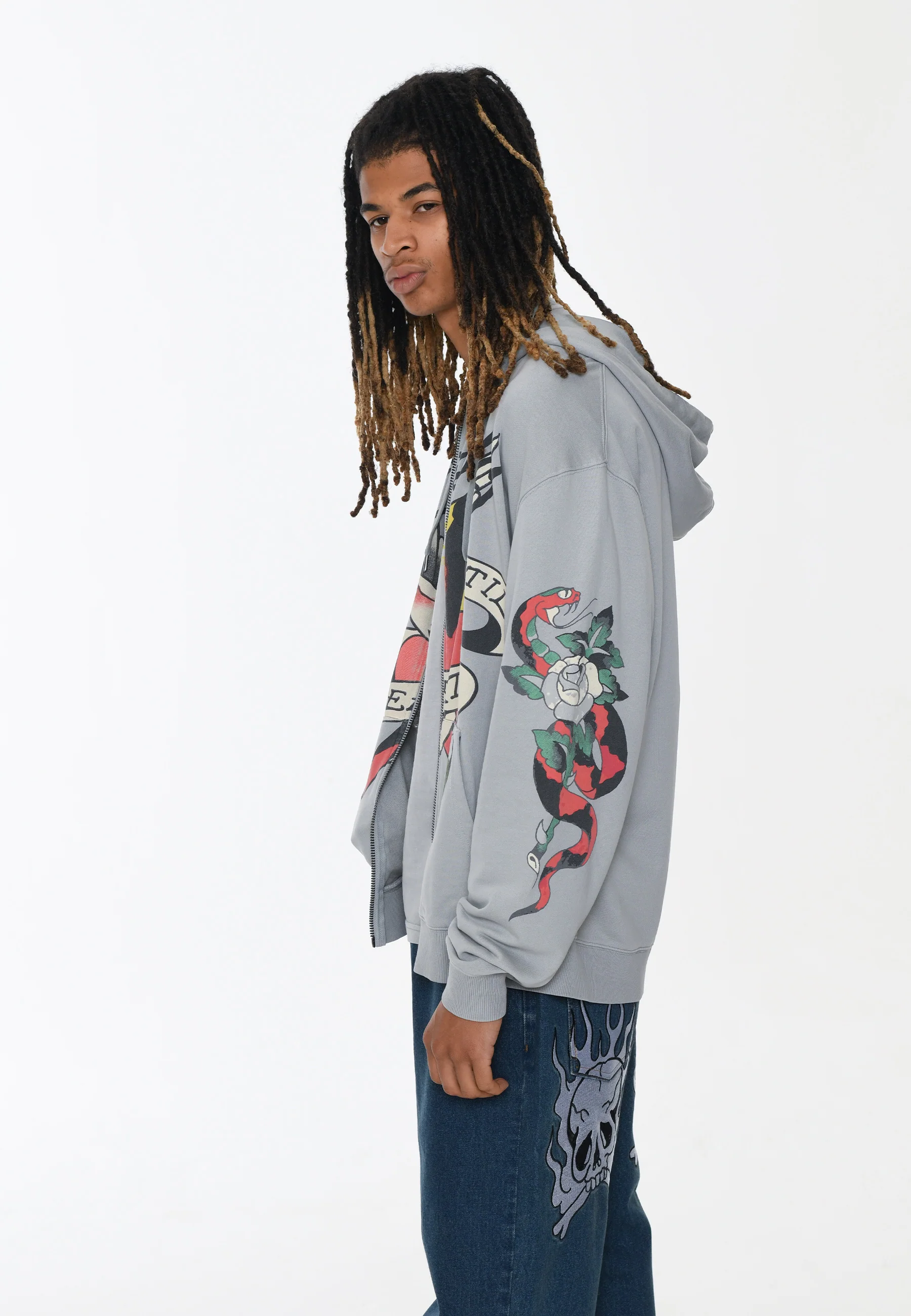 Mens True Snake Zip Through Hoodie - Grey - Image 4