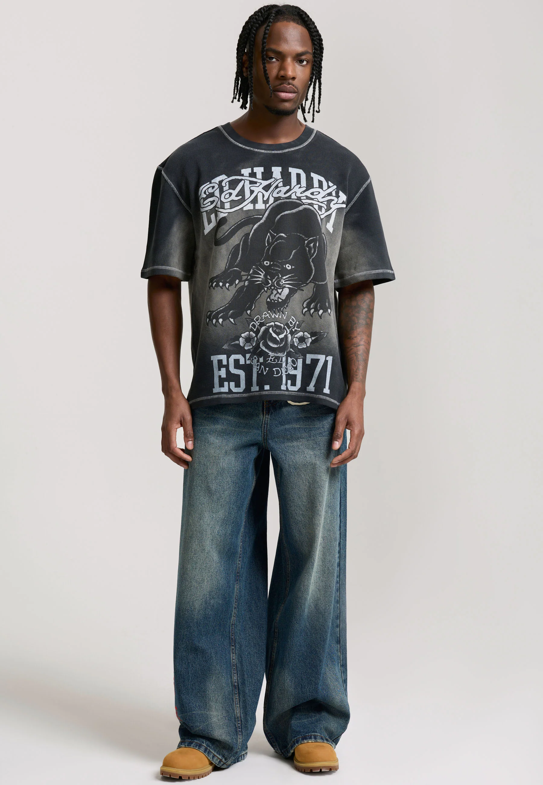 Mens Washed Waffle Panther Graphic Relaxed T-Shirt - Black - Image 3