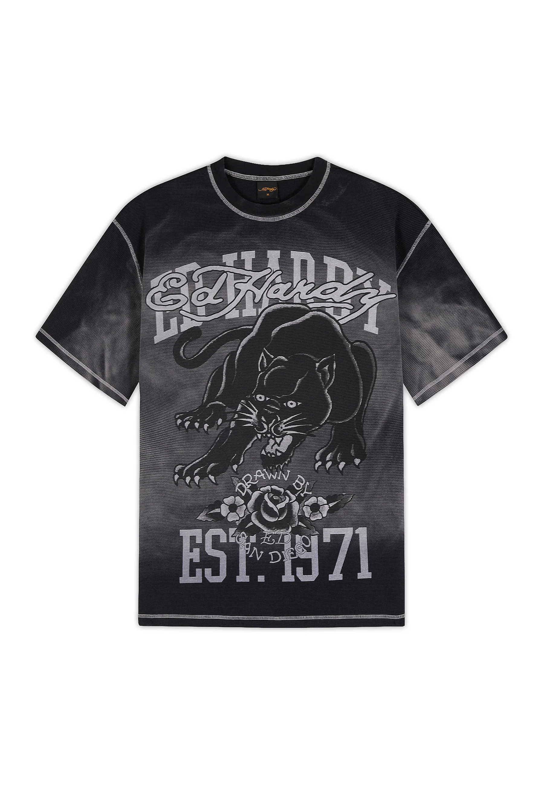 Mens Washed Waffle Panther Graphic Relaxed T-Shirt - Black - Image 5