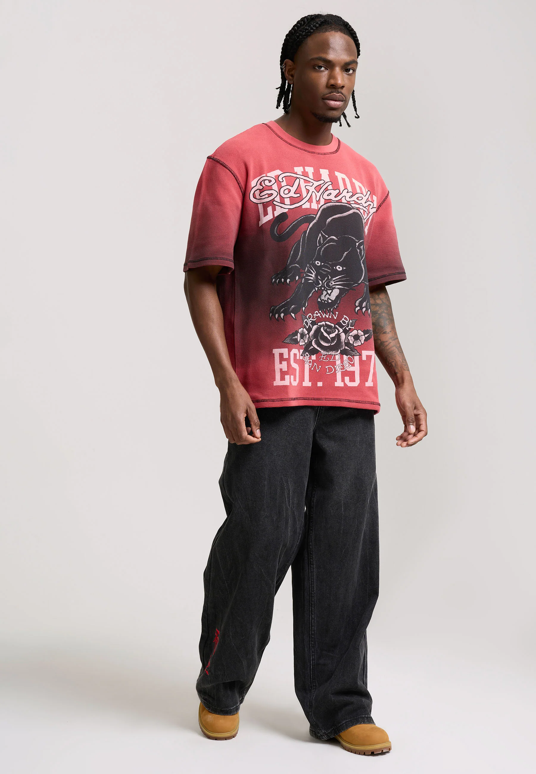 Mens Washed Waffle Panther Graphic Relaxed T-Shirt - Red - Image 3