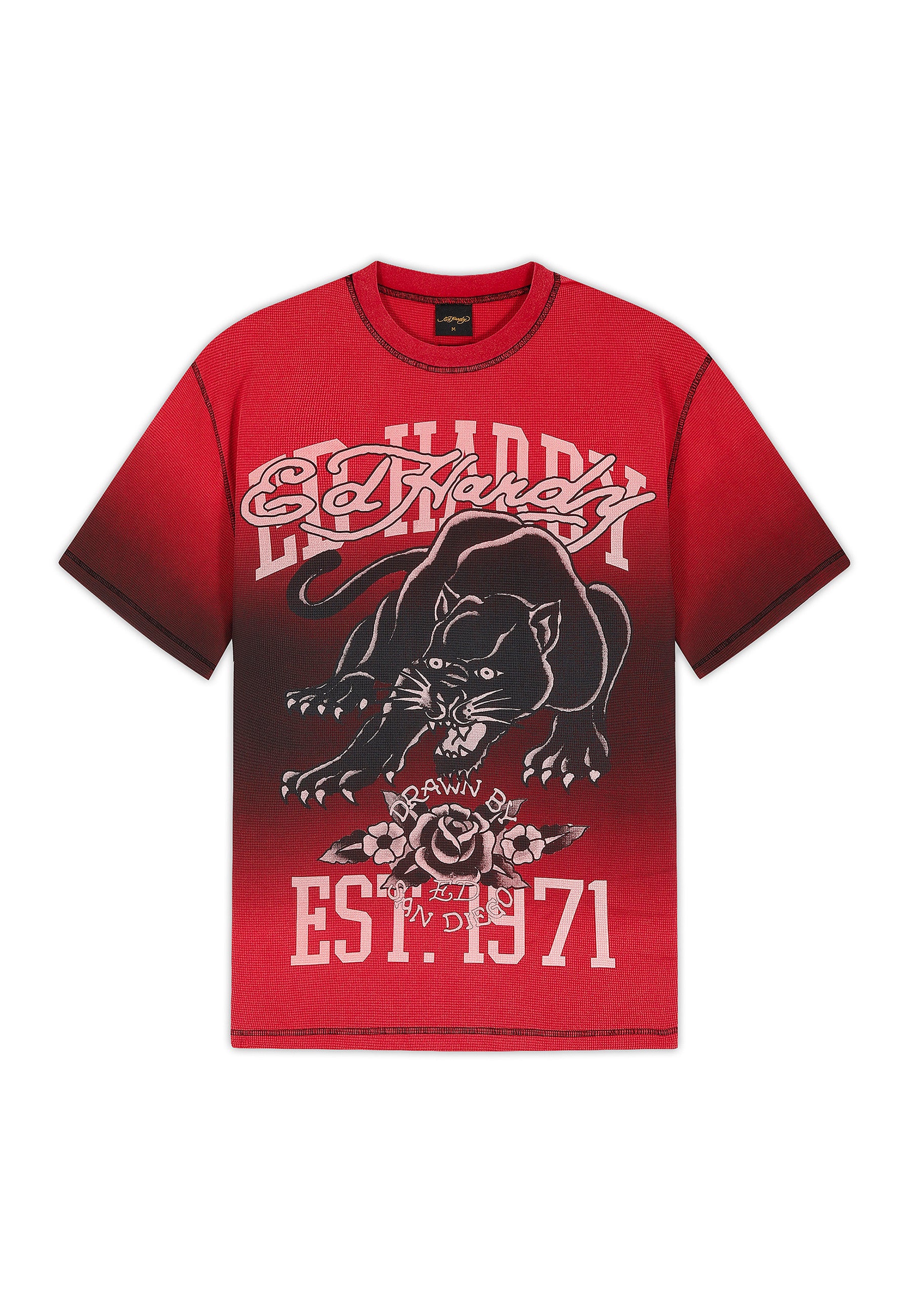 Mens Washed Waffle Panther Graphic Relaxed T-Shirt - Red - Image 7