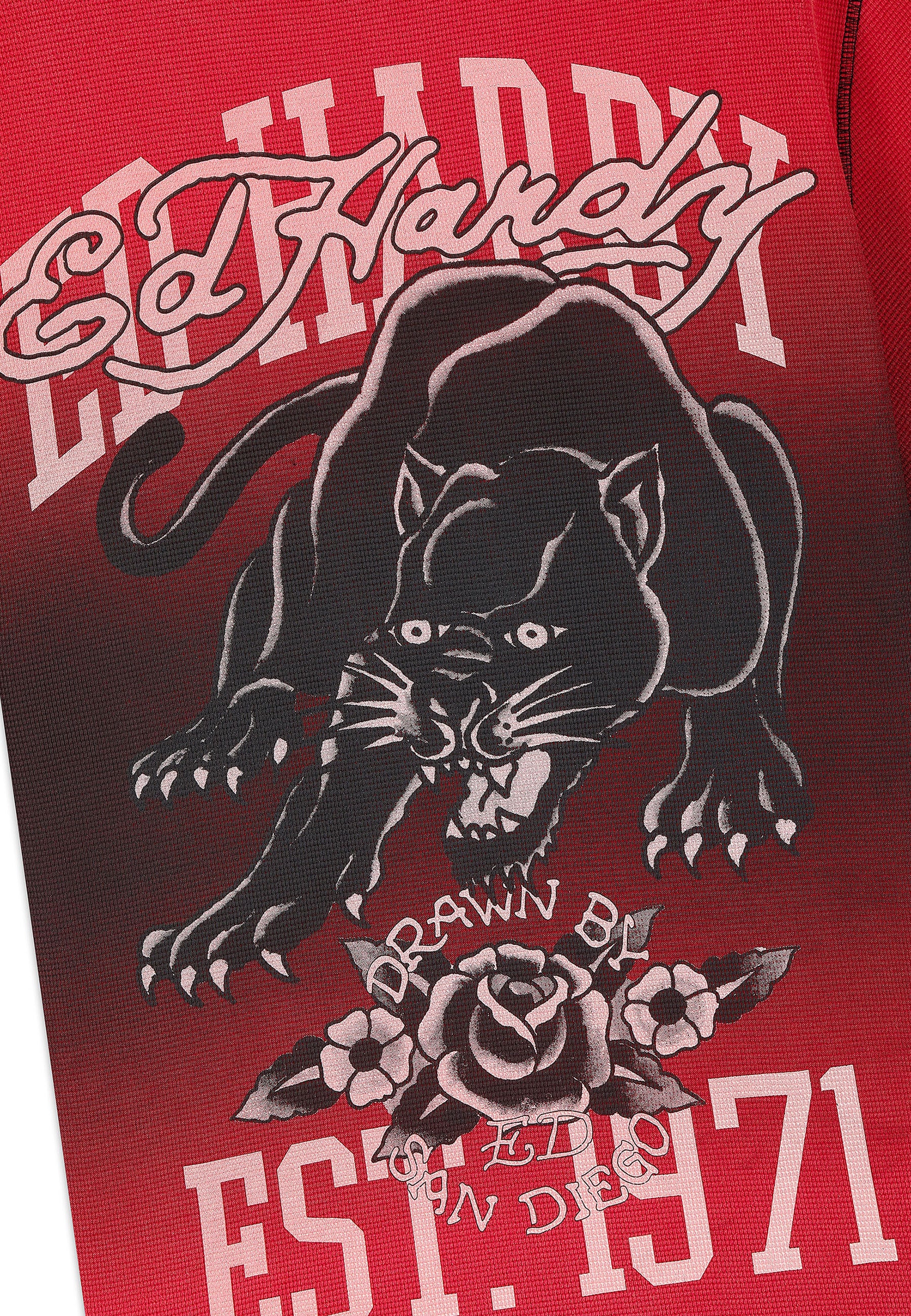 Mens Washed Waffle Panther Graphic Relaxed T-Shirt - Red - Image 9