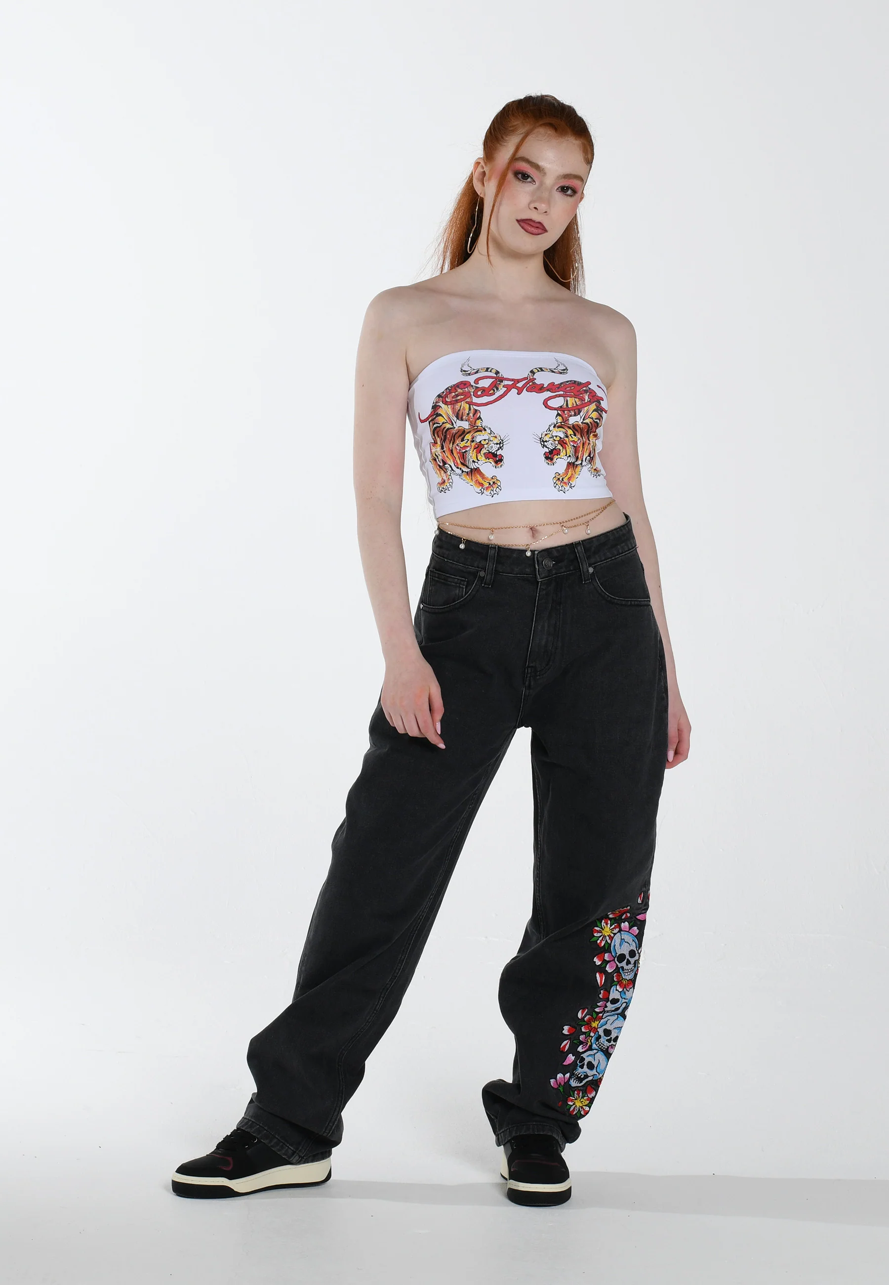 Womens Skull-Flower-Baggy Jeans - Black - Image 4