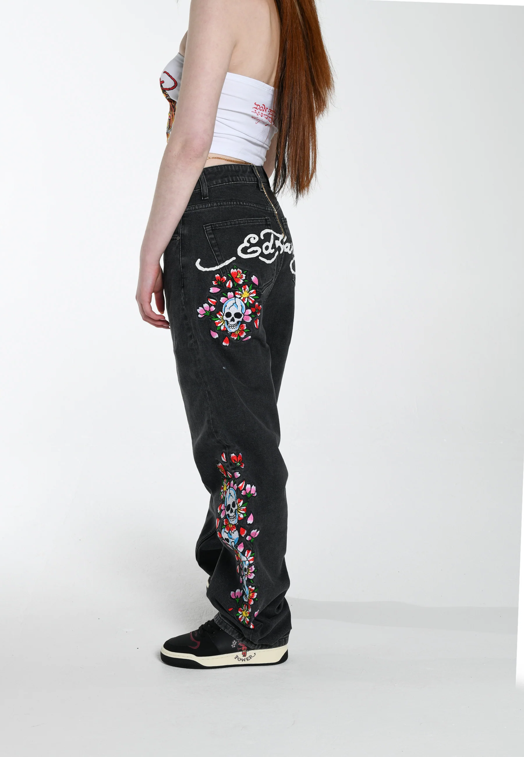 Womens Skull-Flower-Baggy Jeans - Black - Image 6
