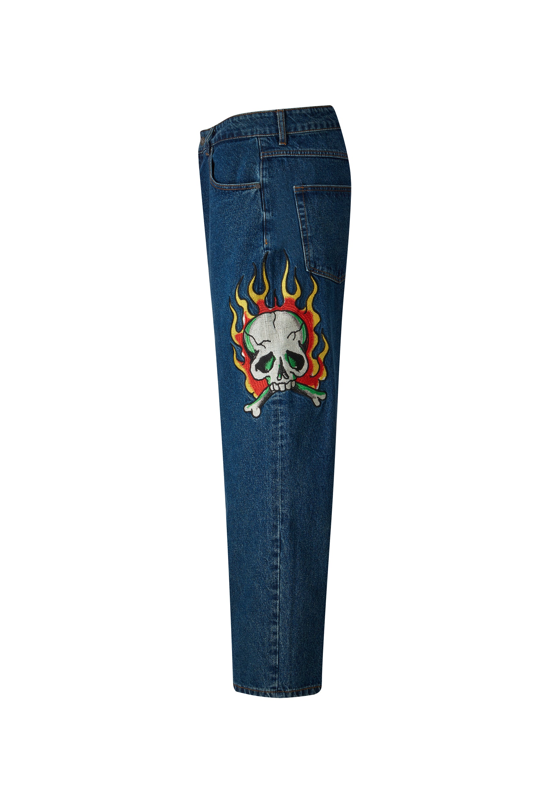 Mens Skull-Snake-Dagger Tattoo Graphic Denim Trousers Jeans - Indigo - Image 7