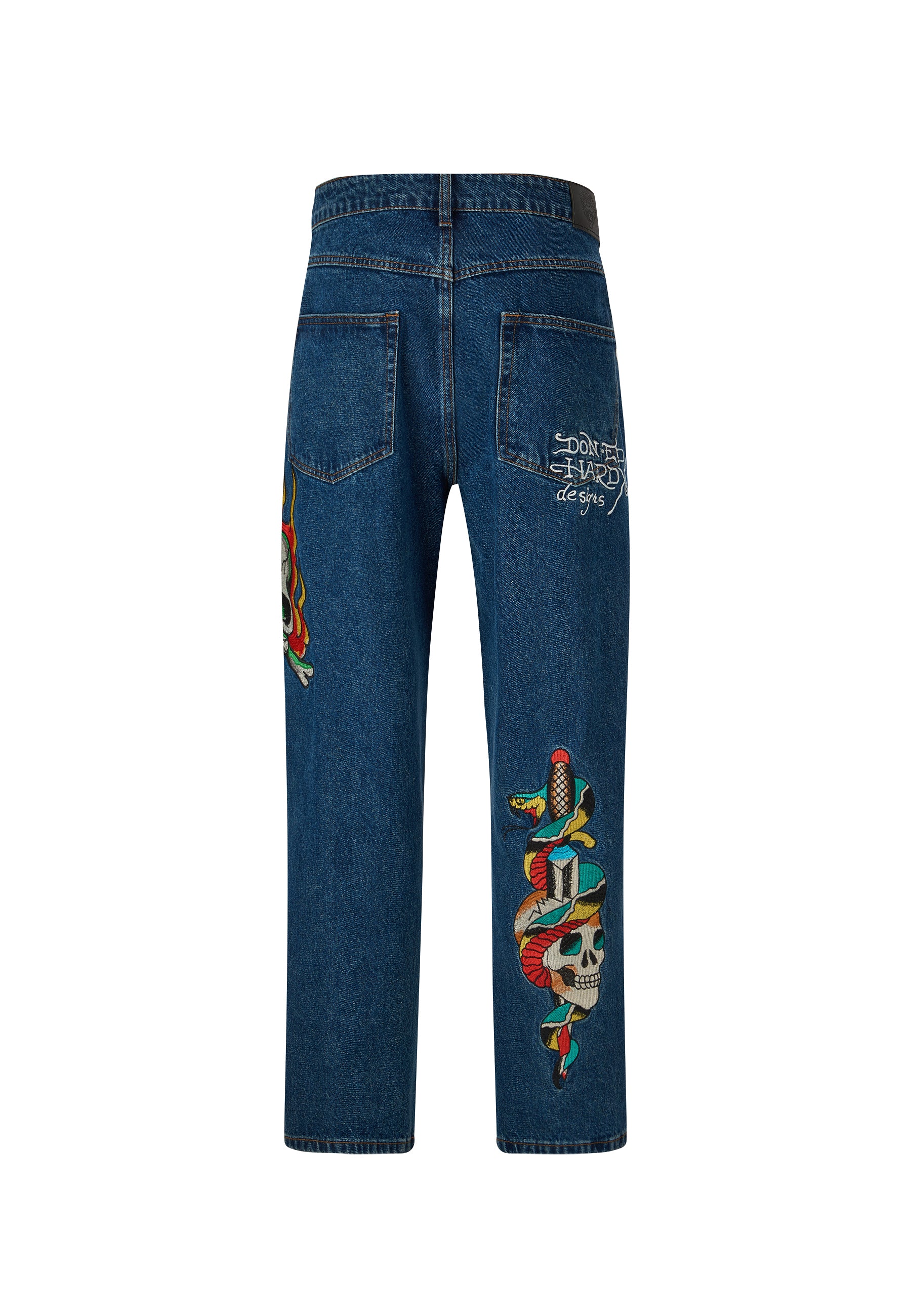 Mens Skull-Snake-Dagger Tattoo Graphic Denim Trousers Jeans - Indigo - Image 8