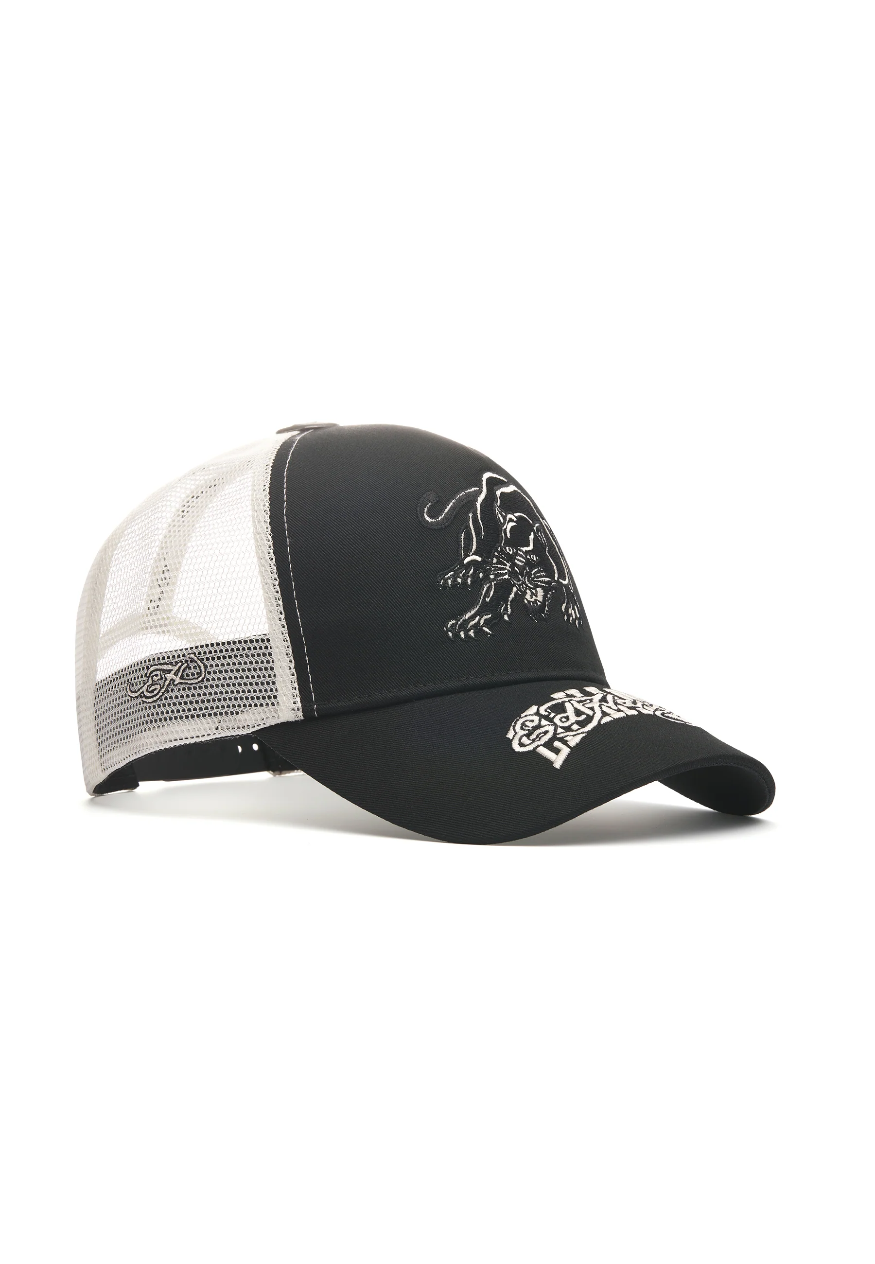 Unisex Contrast Stitch Panther Graphic 5 Panel Trucker Cap - Black / White - Image 3