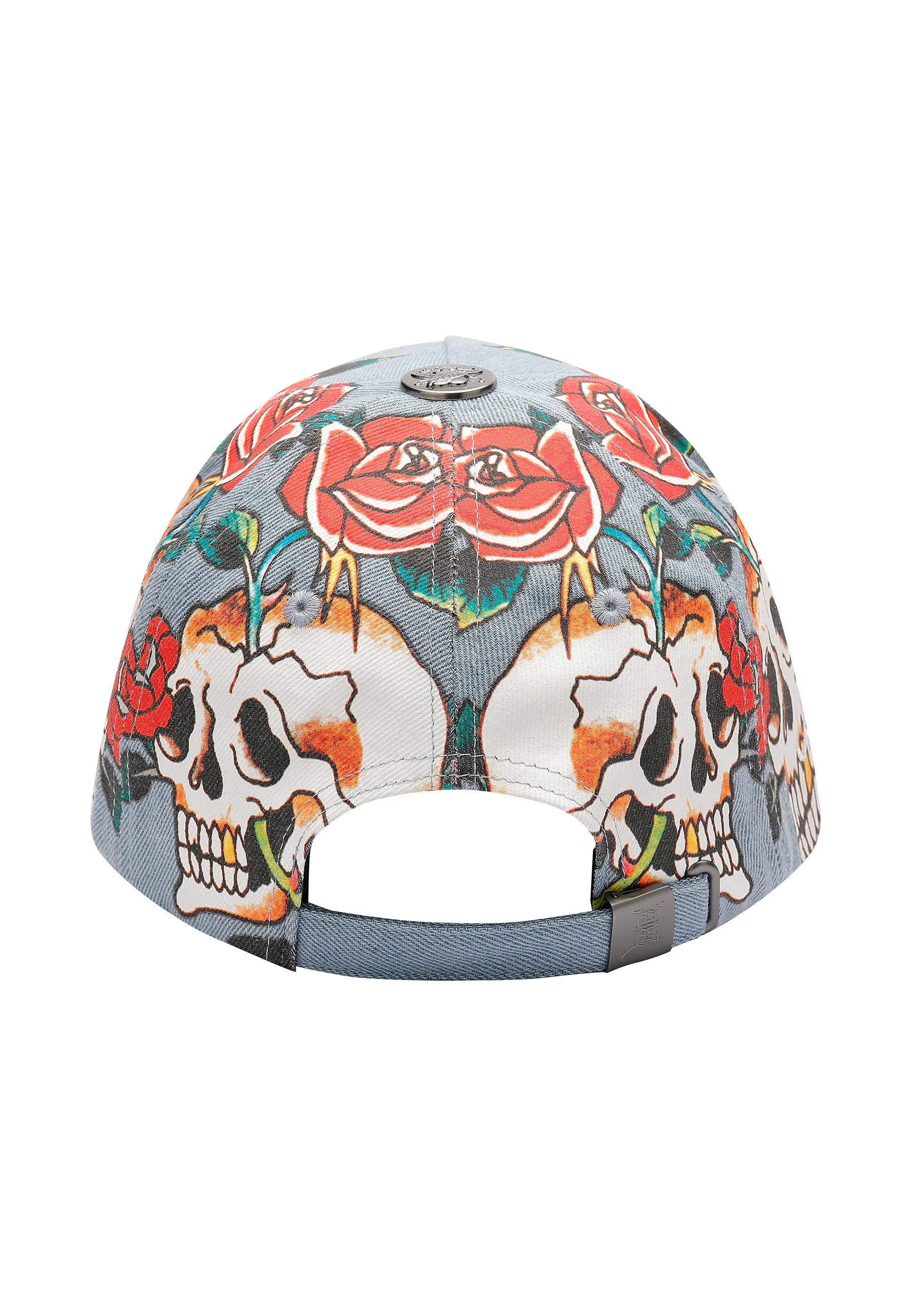 Unisex Skull Rose Denim 6 Panel Vintage Wash Applique Cap - Mid Blue - Image 3