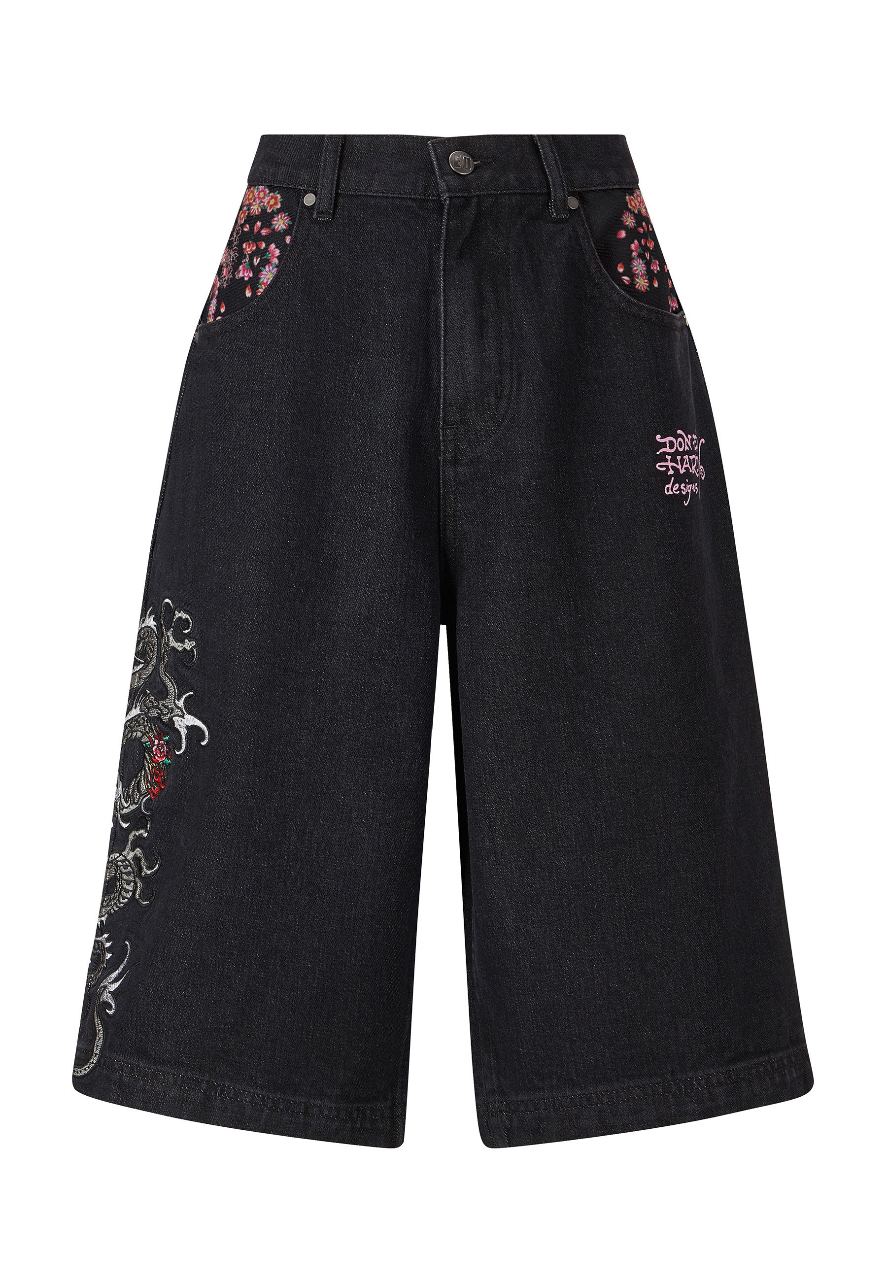 Womens Grey Dragon Relaxed Denim Jorts Shorts - Black - Image 10