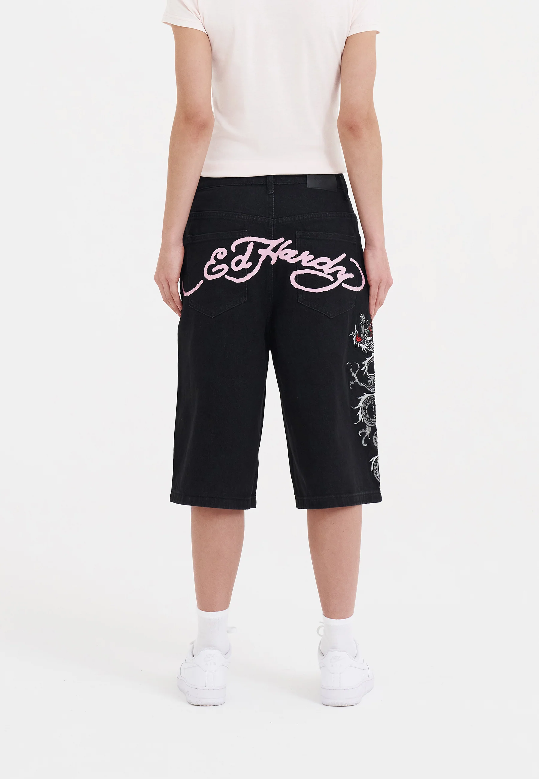 Womens Grey Dragon Relaxed Denim Jorts Shorts - Black - Image 3