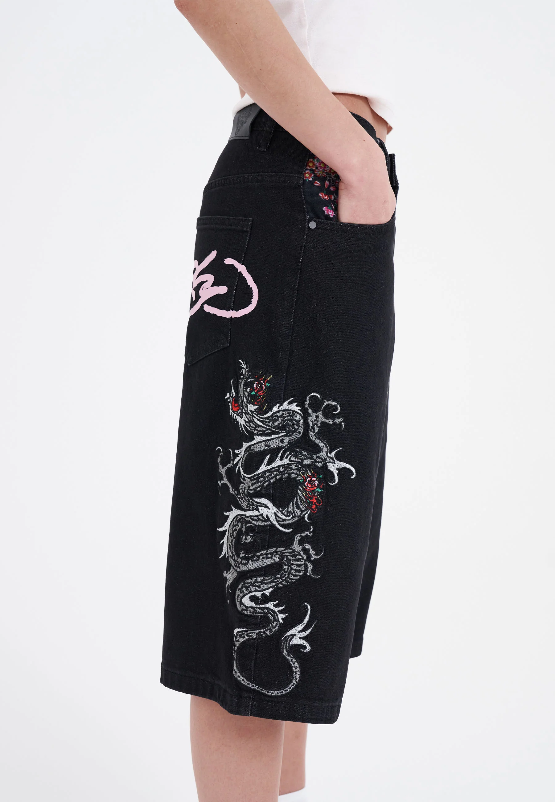 Womens Grey Dragon Relaxed Denim Jorts Shorts - Black - Image 4