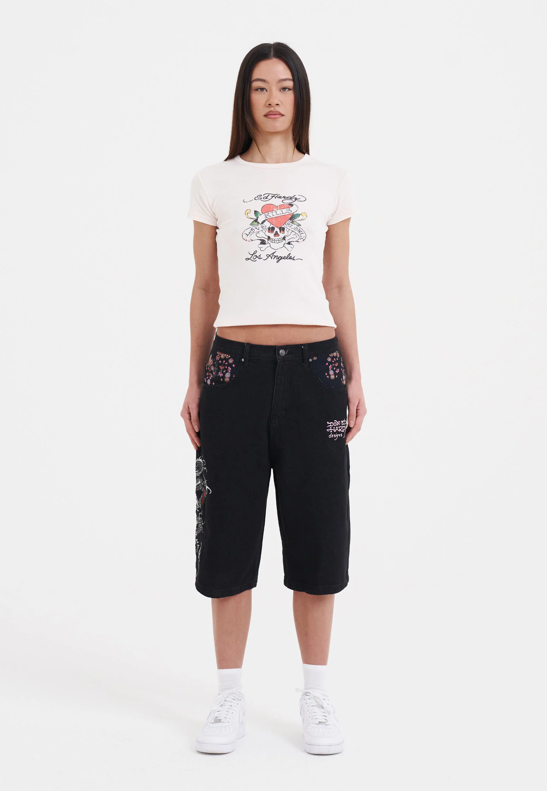 Womens Grey Dragon Relaxed Denim Jorts Shorts - Black - Image 7