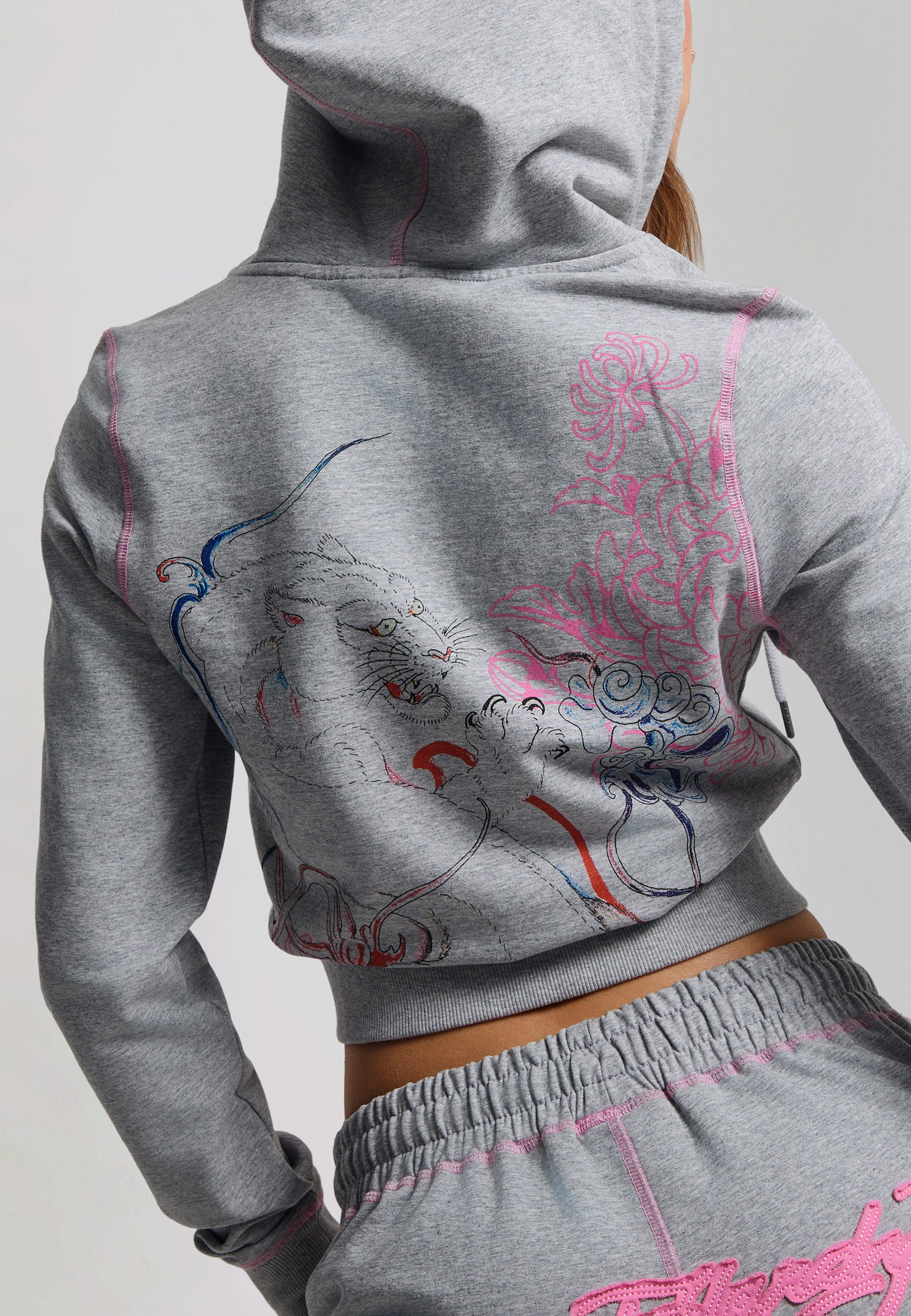 Womens Applique Back Tattoo Cropped Hoodie - Grey Marl - Image 3