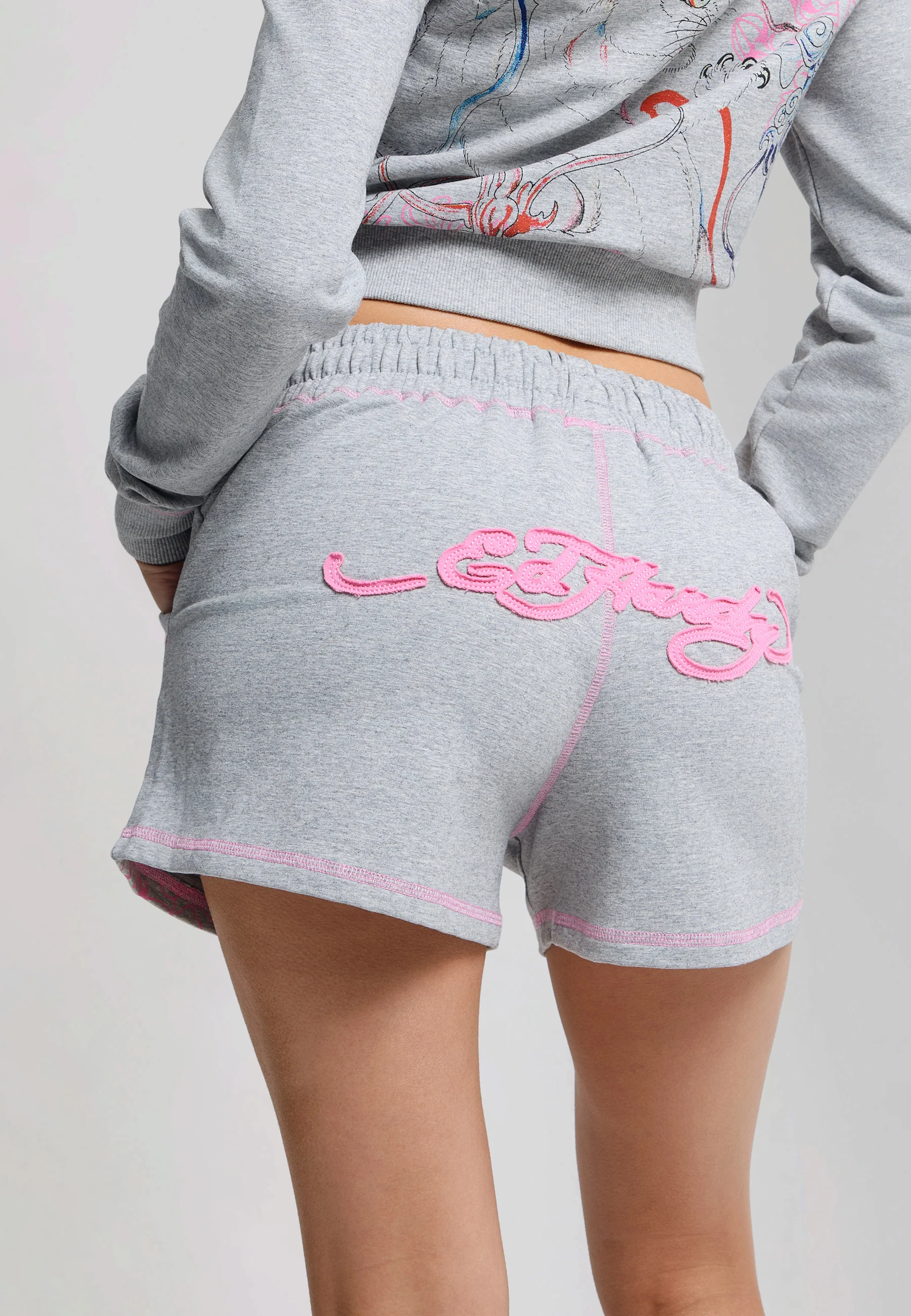 Womens Applique Tattoo Sweat Fitted Shorts - Grey Marl - Image 6