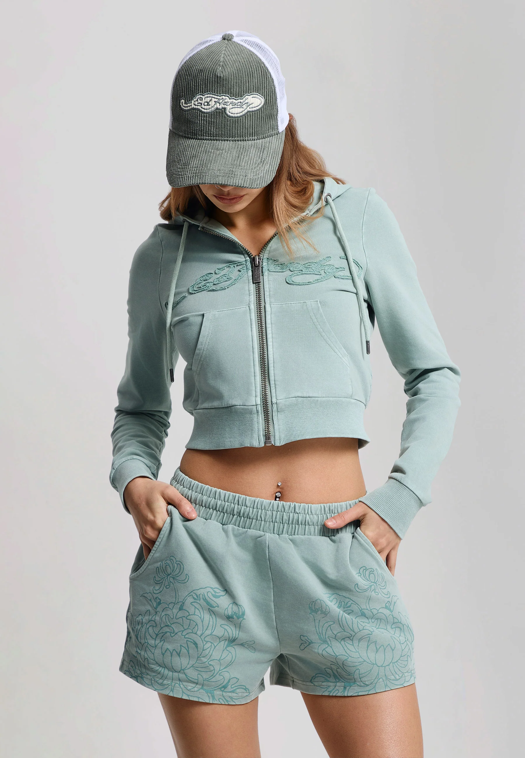 Womens Applique Tattoo Sweat Shorts - Green - Image 3