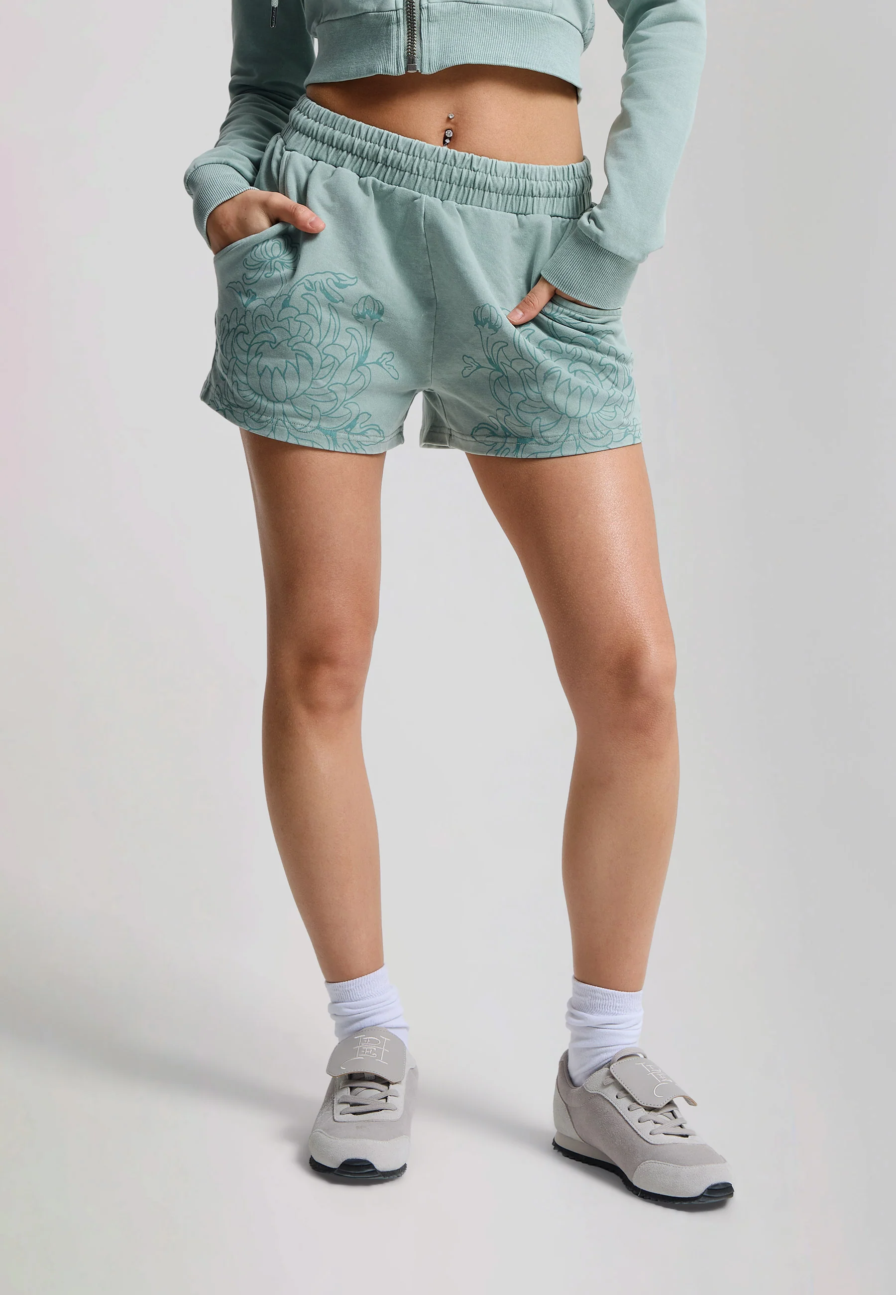 Womens Applique Tattoo Sweat Shorts - Green - Image 5