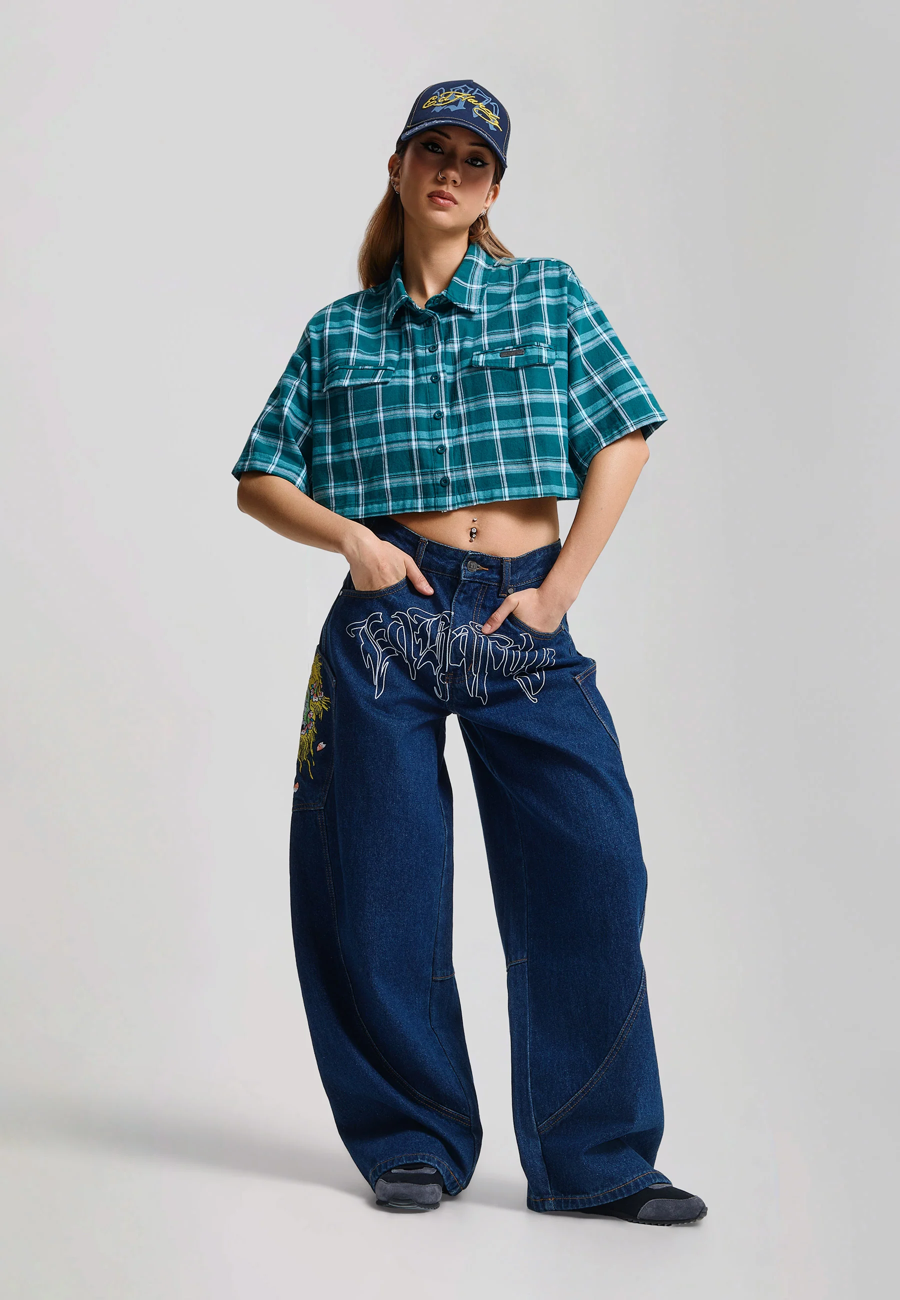 Womens Black Roses Cropped Relaxed Check Shirt - Teal - Image 3