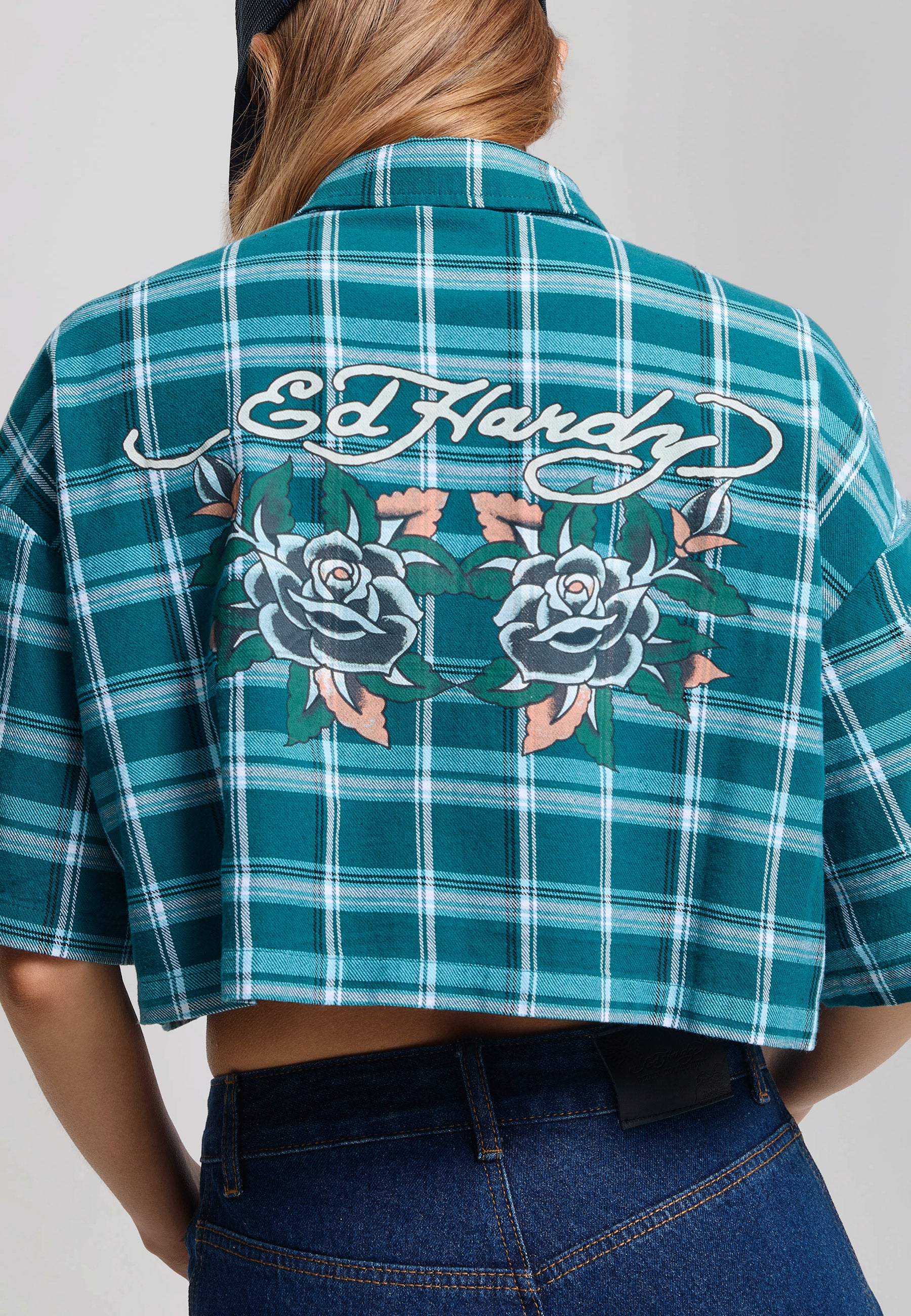 Womens Black Roses Cropped Relaxed Check Shirt - Teal - Image 6