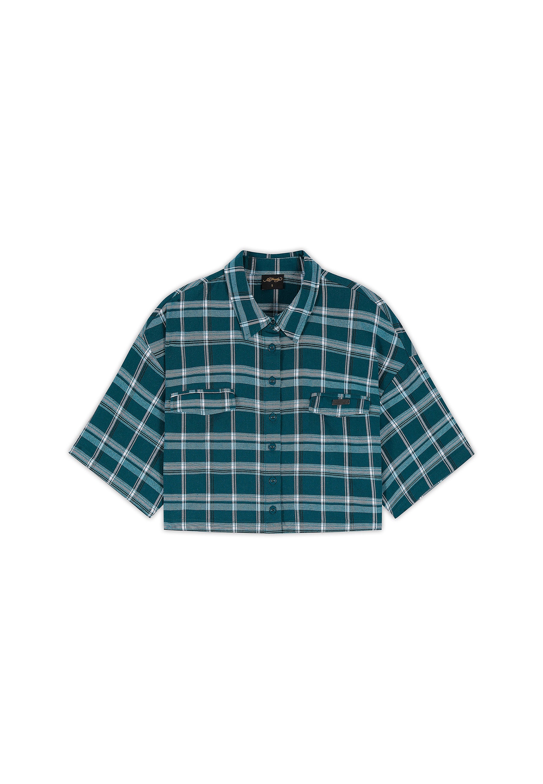 Womens Black Roses Cropped Relaxed Check Shirt - Teal - Image 7