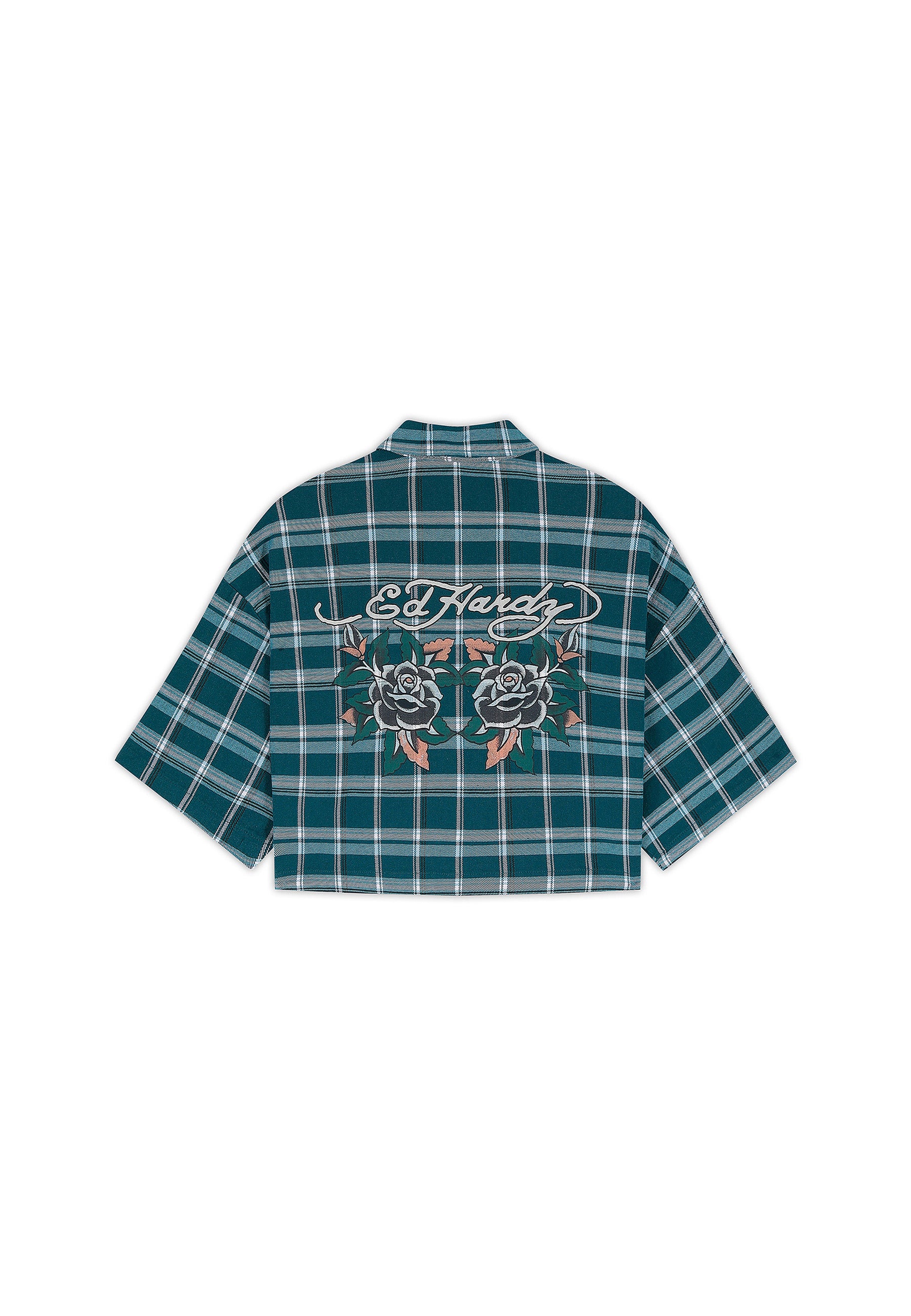 Womens Black Roses Cropped Relaxed Check Shirt - Teal - Image 8