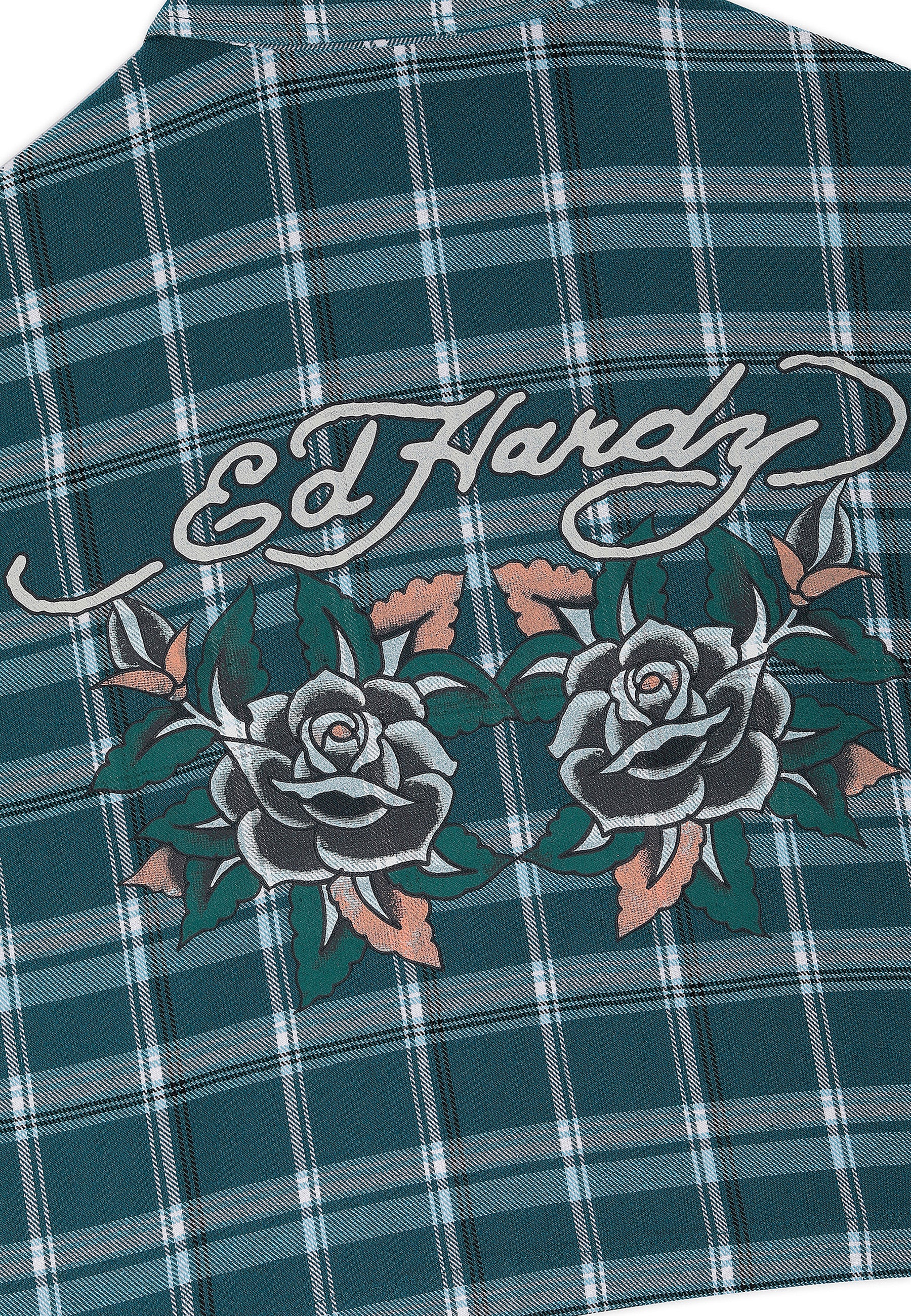 Womens Black Roses Cropped Relaxed Check Shirt - Teal - Image 9
