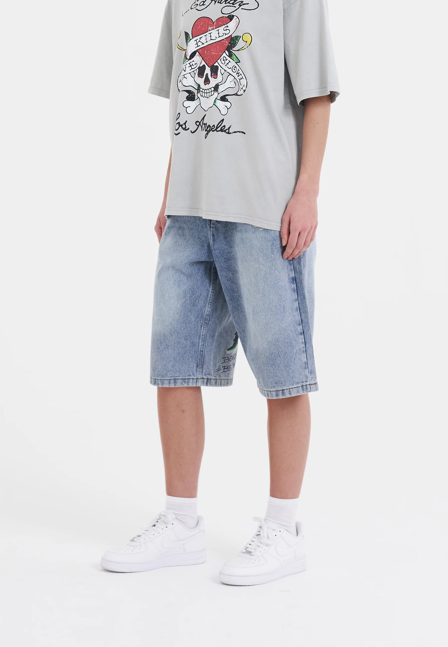 Womens Born Wild Relaxed Denim Jorts Shorts - Bleach - Image 3