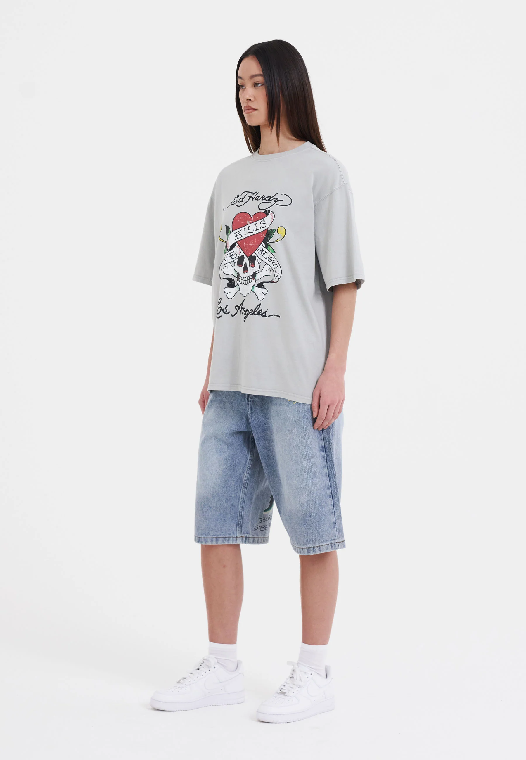 Womens Born Wild Relaxed Denim Jorts Shorts - Bleach - Image 8