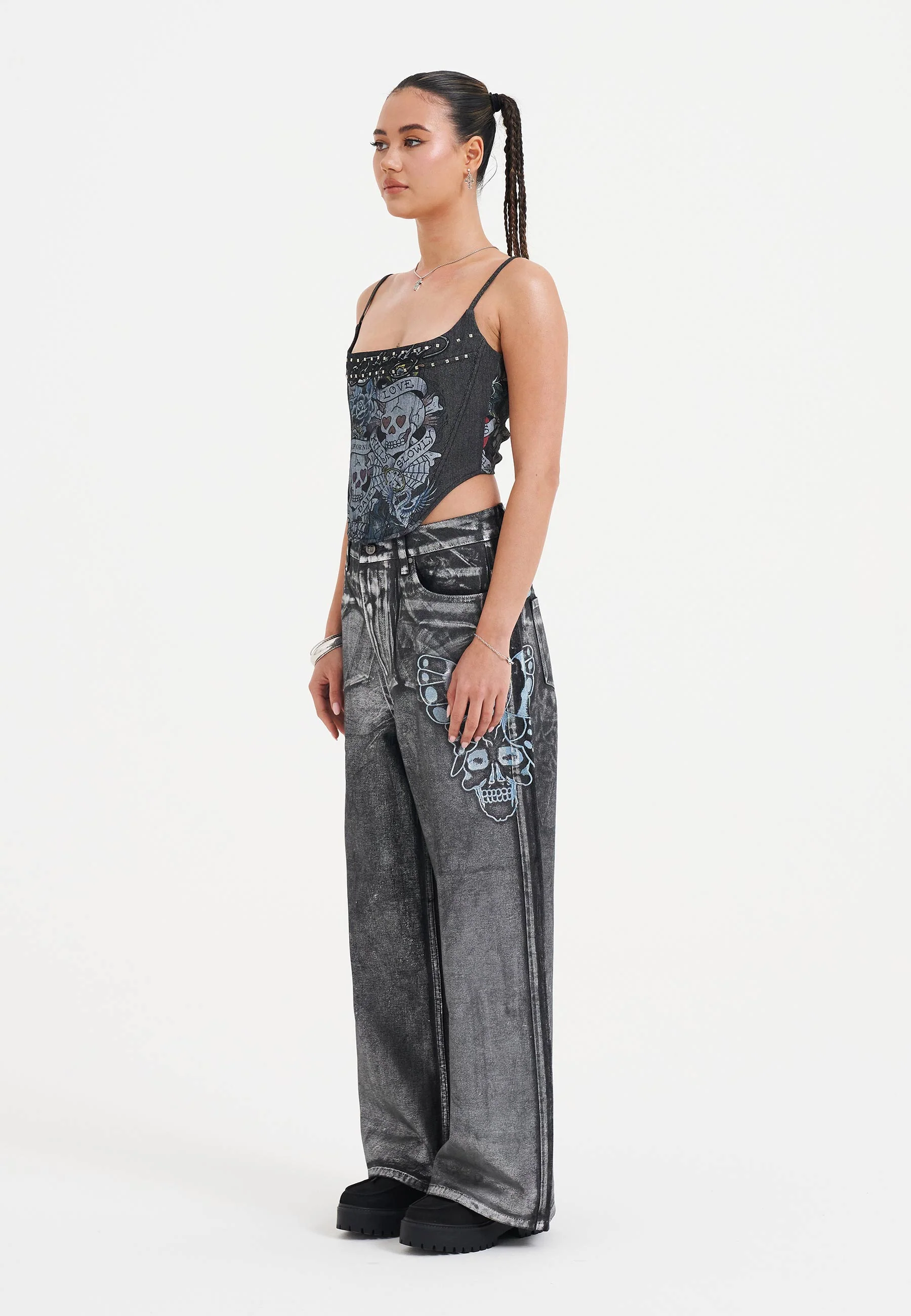 Womens Butterfly Skull Metallic Xxtra Denim Trousers Jeans - Black - Image 3
