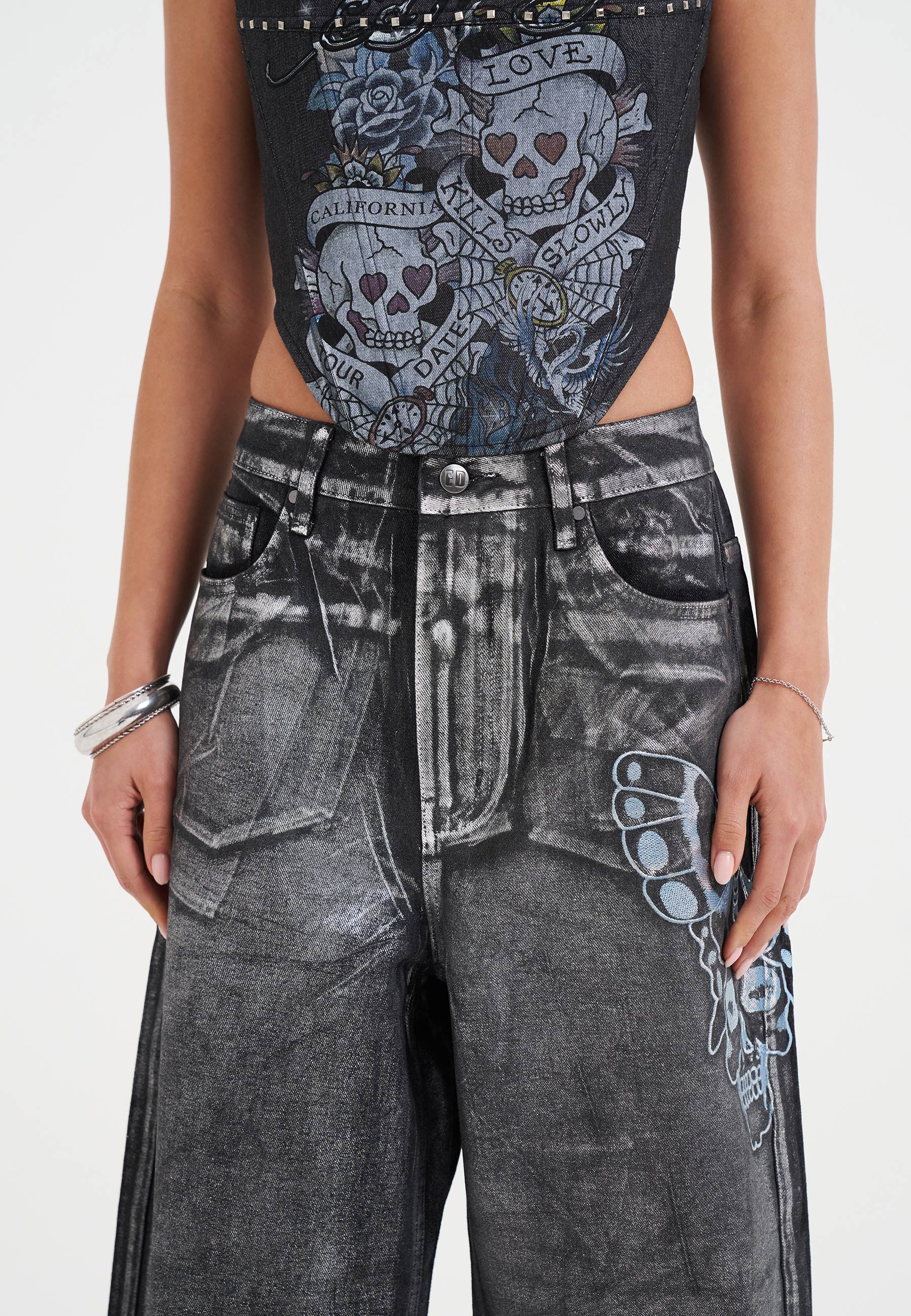 Womens Butterfly Skull Metallic Xxtra Denim Trousers Jeans - Black - Image 4