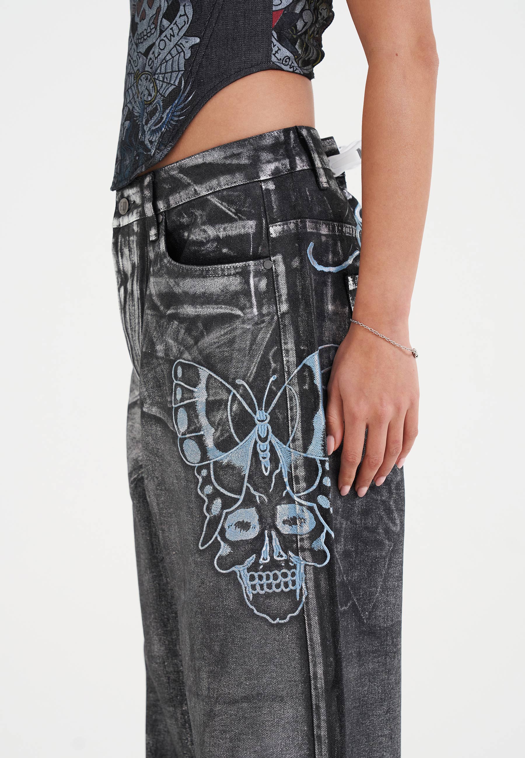 Womens Butterfly Skull Metallic Xxtra Denim Trousers Jeans - Black - Image 5