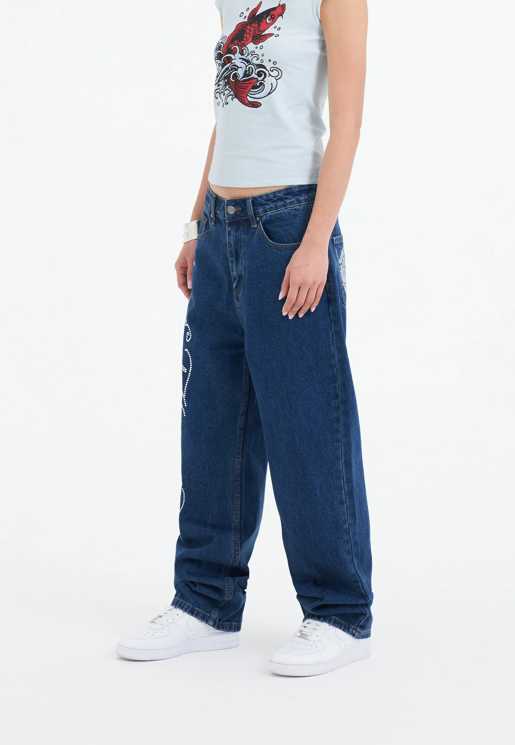 Womens Crystal Roar Diamante Relaxed Denim Trousers Jeans - Indigo - Image 3
