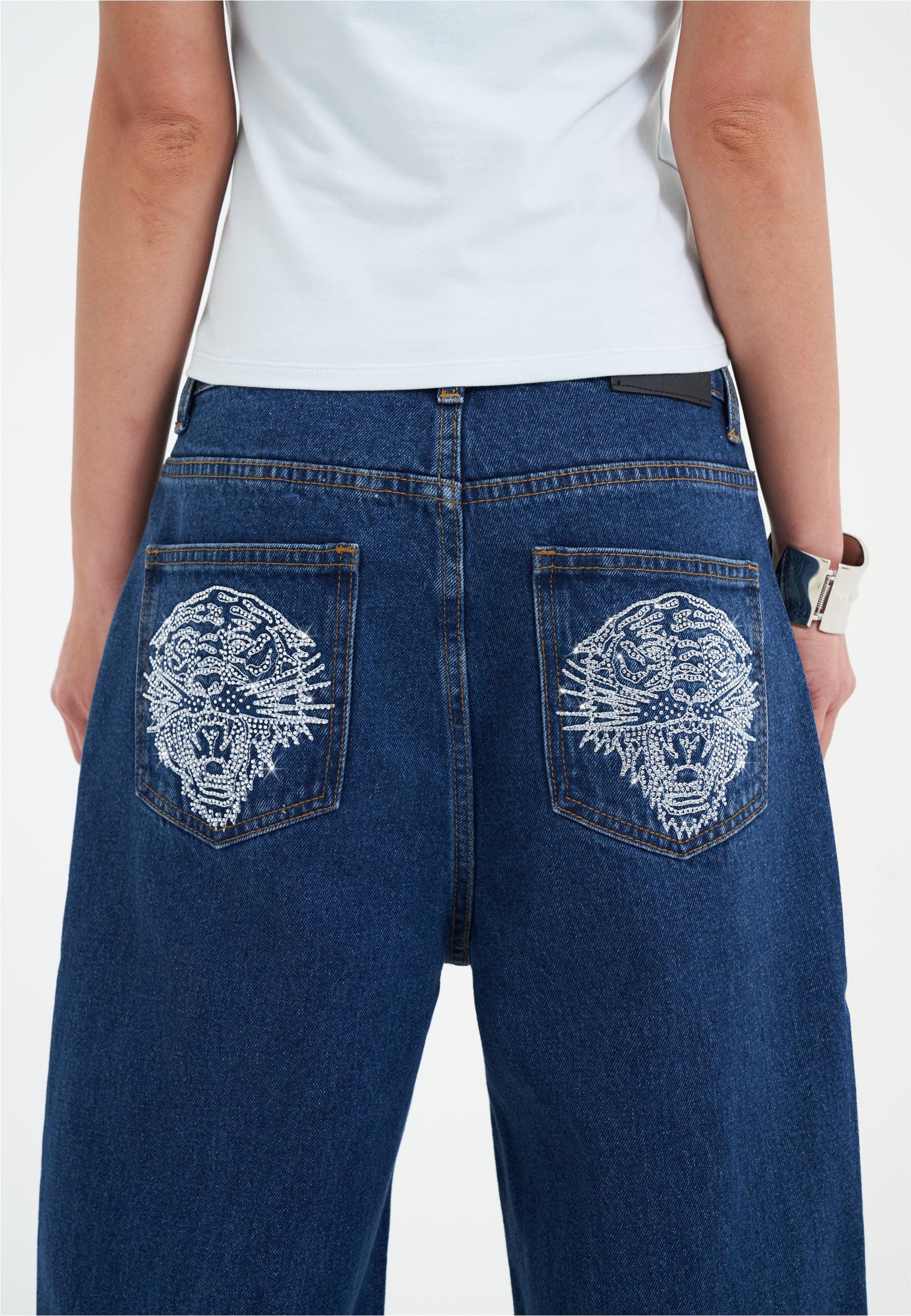 Womens Crystal Roar Diamante Relaxed Denim Trousers Jeans - Indigo - Image 4