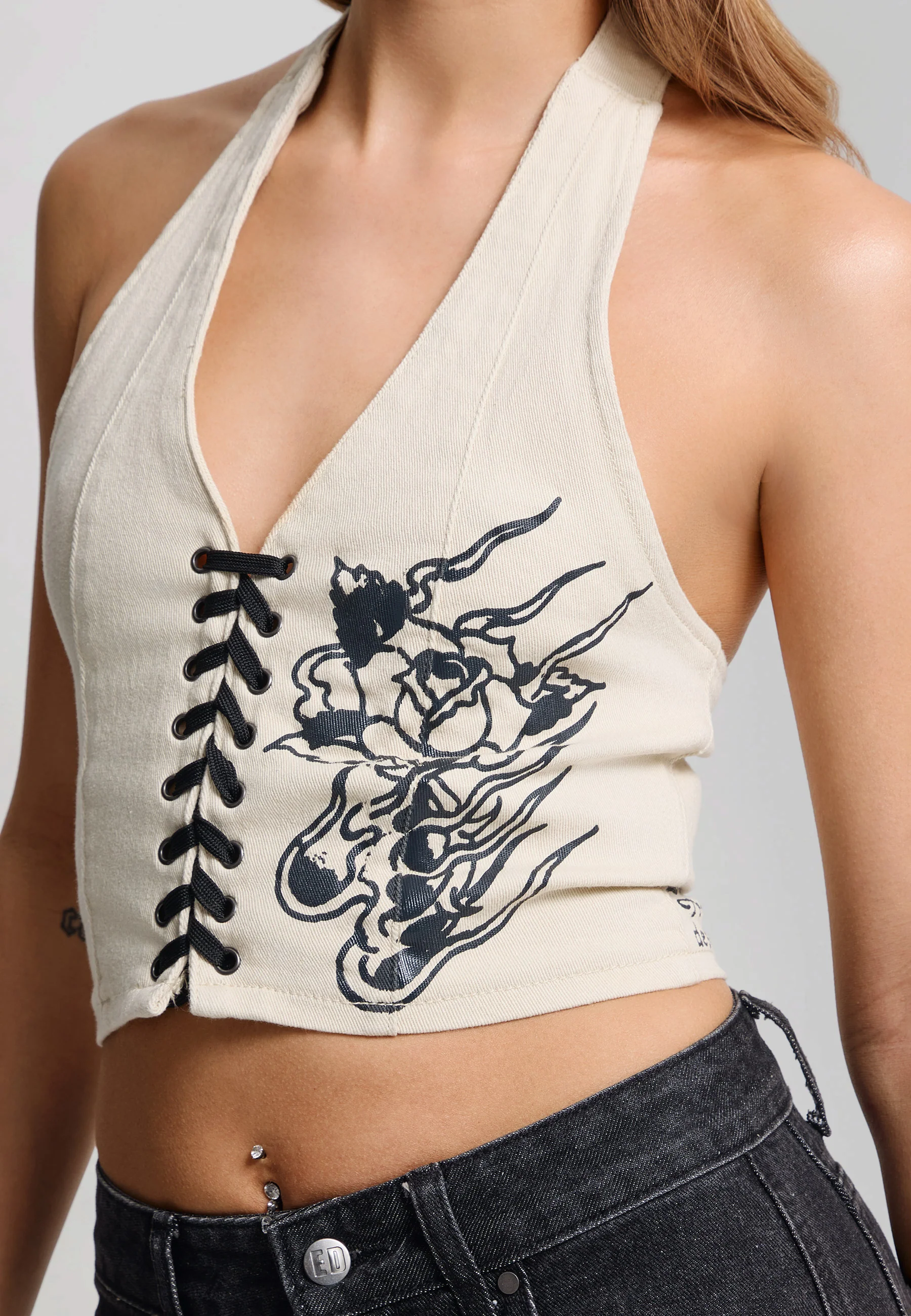 Womens Flaming Rose Braided Denim Corset - Ecru - Image 4