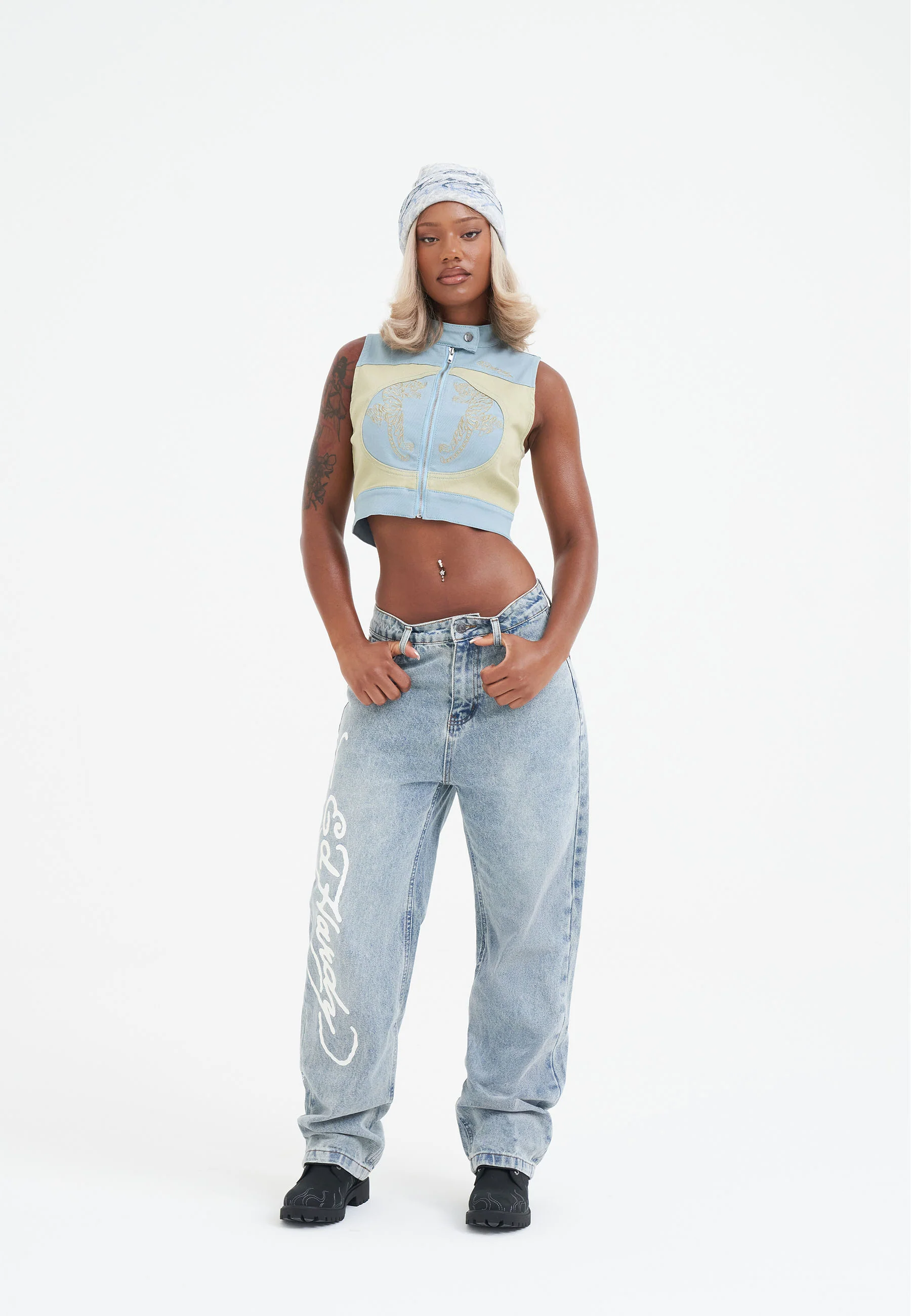 Womens Flaming Skull Relaxed Denim Trousers Jeans - Blue - Image 3