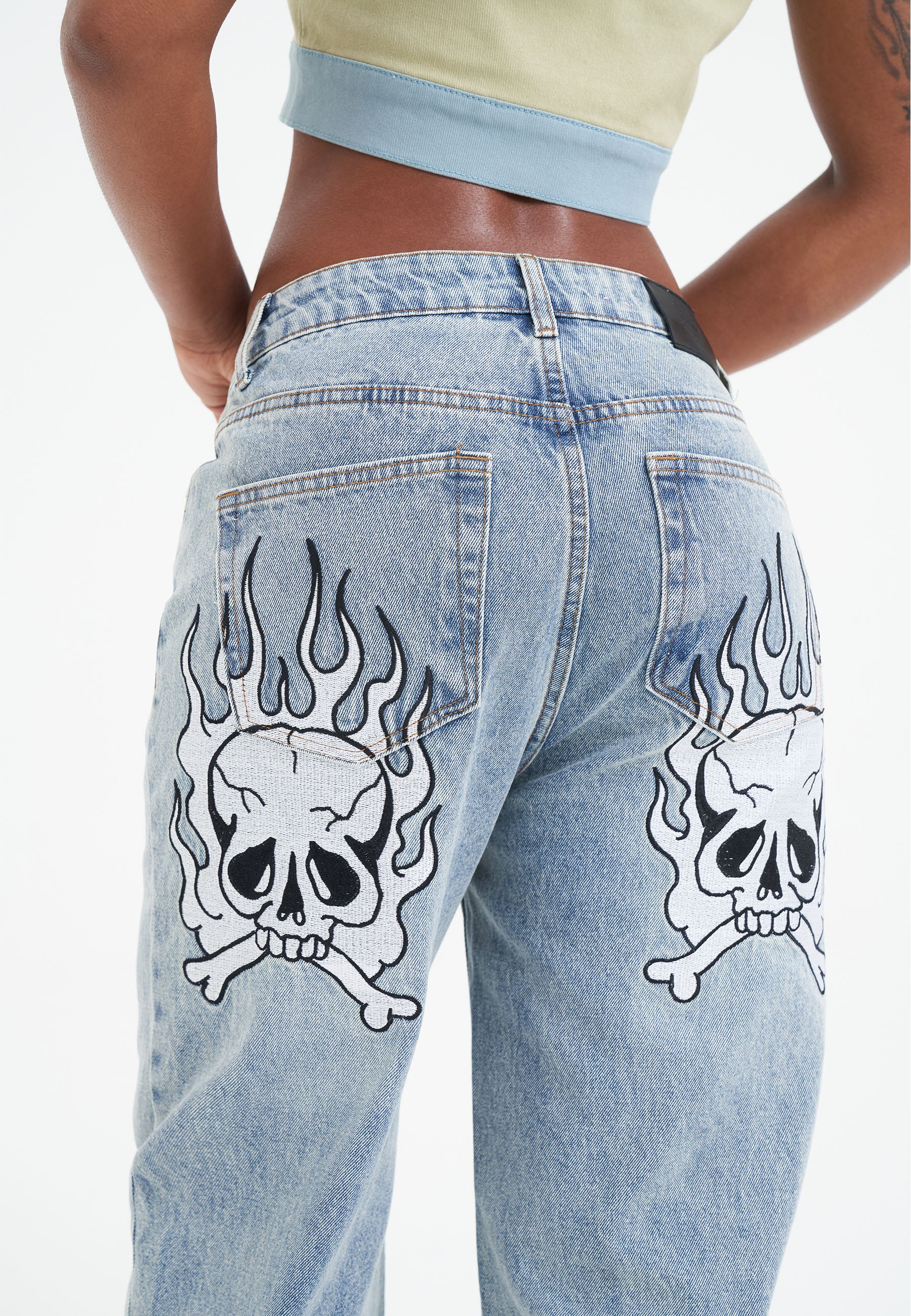 Womens Flaming Skull Relaxed Denim Trousers Jeans - Blue - Image 4