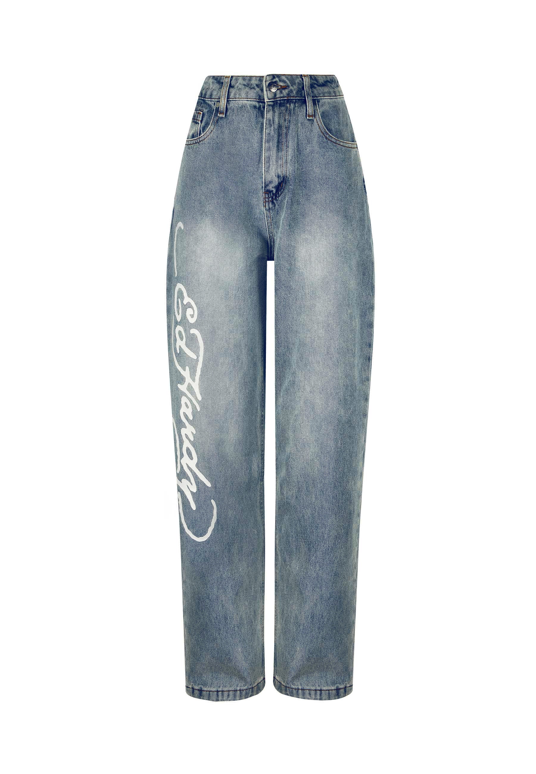 Womens Flaming Skull Relaxed Denim Trousers Jeans - Blue - Image 5