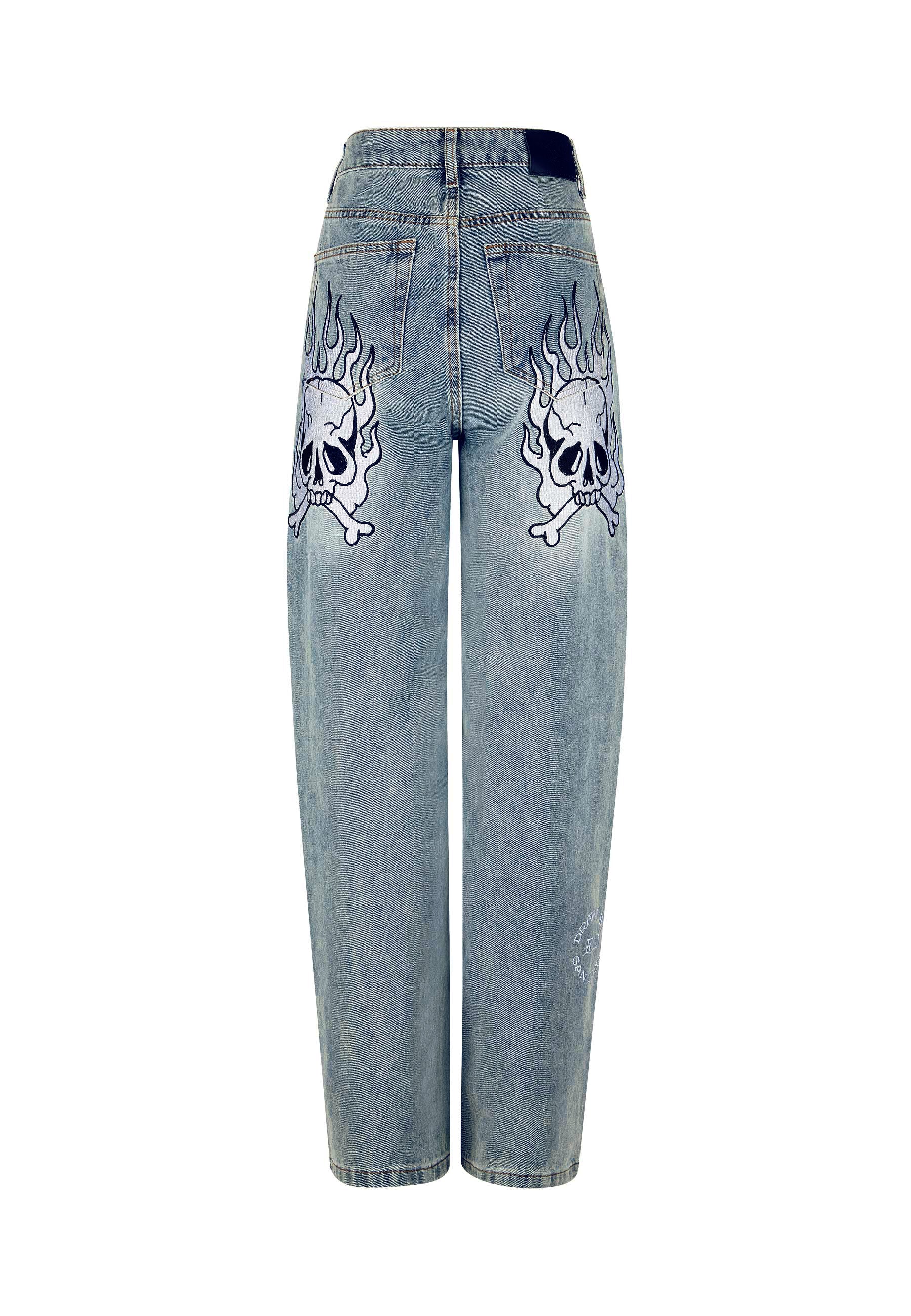 Womens Flaming Skull Relaxed Denim Trousers Jeans - Blue - Image 6