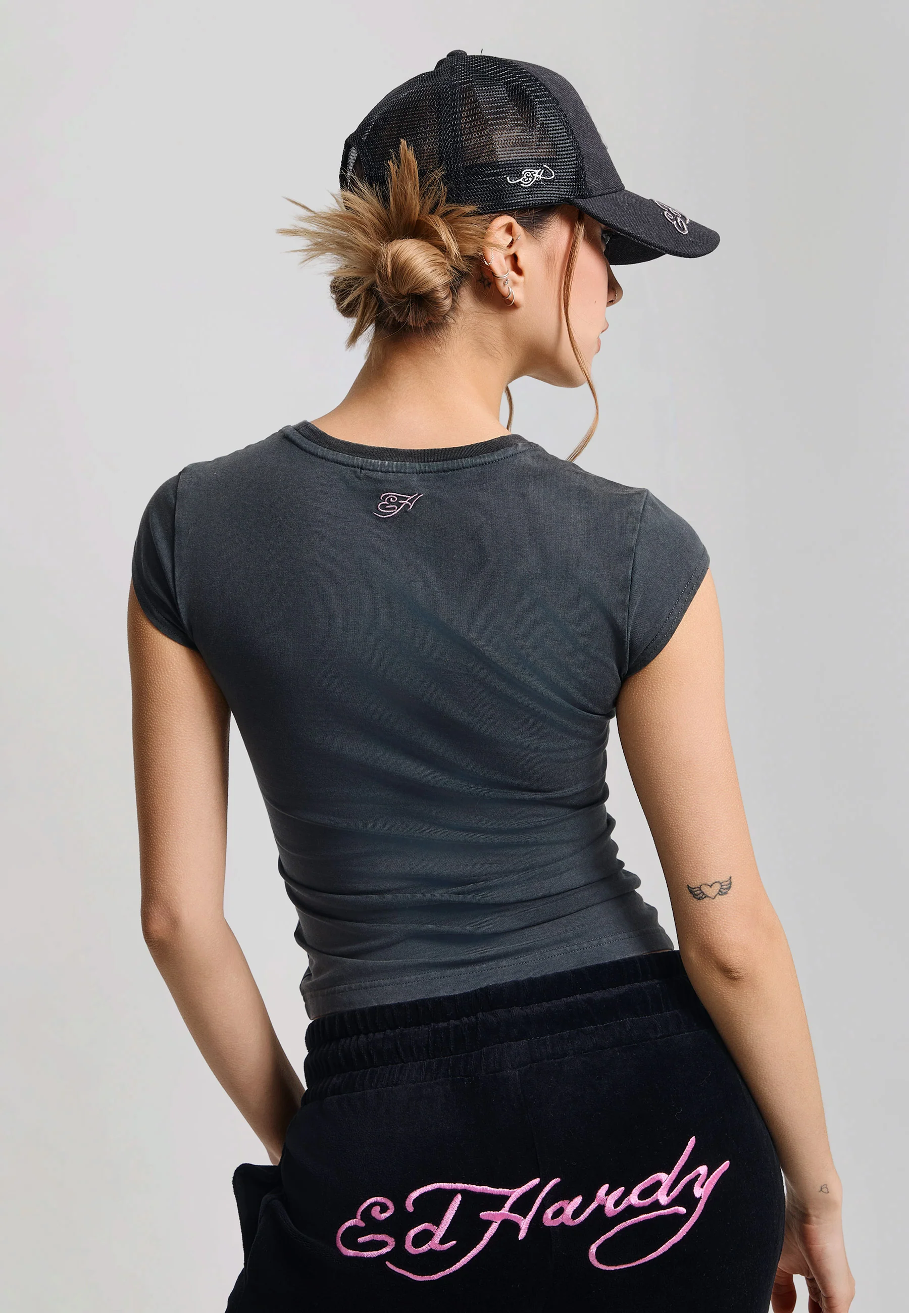 Womens Floral Skull Self Applique Cap Sleeve - Charcoal - Image 3