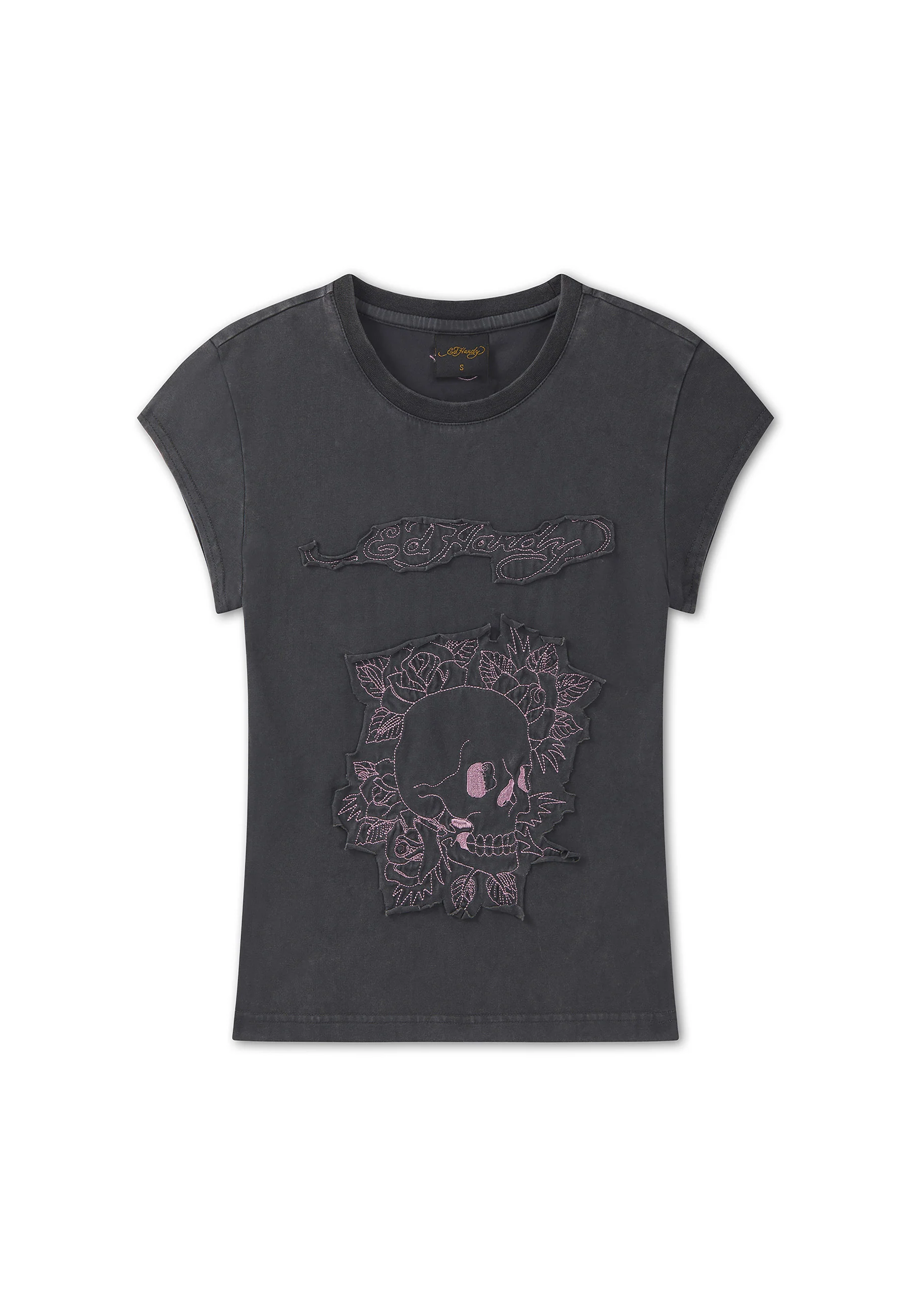 Womens Floral Skull Self Applique Cap Sleeve - Charcoal - Image 6